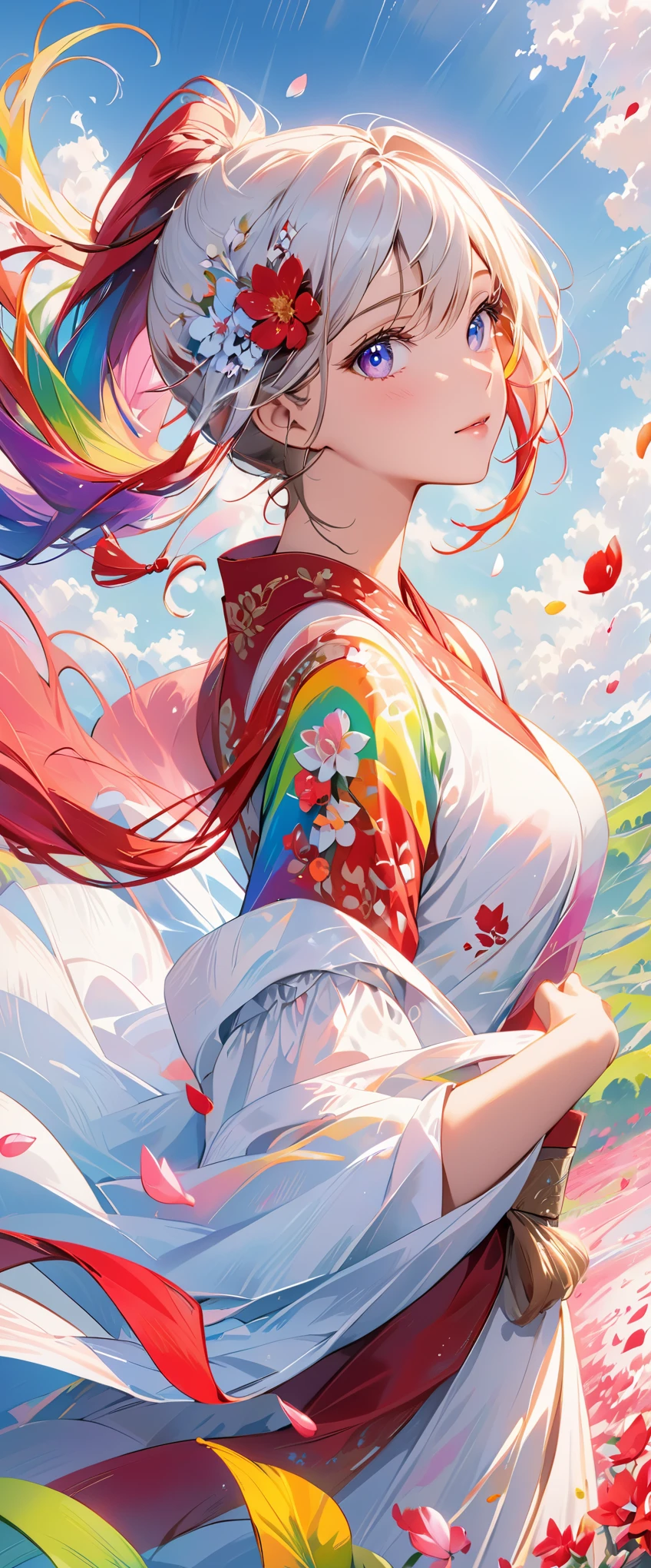 （Pink Fashion T-shirt：1.9），(Colorful hair: 1.8), (all the colours of the rainbow: 1.8),(((((vertical painting：1.6))), （painting：1.6），front, comics, illustrations, paintings, large eyes, crystal clear eyes,（ rainbow color gradient high ponytail：1.7）, exquisite makeup, closed mouth,(Small Fresh: 1.5),(Wipe Chest: 1.6) ，long eyelashes, white off shoulder T-shirt, White Shoulder Shirt，looking at the audience, large watery eyes, (rainbow colored hair：1.6), color splash, （solo：1.8）, color splash, color explosion, thick paint style, messy lines, ((shining))，(colorful), (colorful), (colorful), colorful, Thick Paint Style, (Splash) (Color Splash), Vertical Painting, Upper Body, Paint Splash, Acrylic Pigment, Gradient, Paint, Highest Image Quality, Highest Quality, Masterpiece, Solo, Depth of Field, Face Paint, colorful clothes, (Elegant: 1.2), gorgeous,long hair, wind, (Elegant: 1.3), (Petals: 1.4)，(((masterpiece))),(((best quality))),((ultra-detailed)),(illustration),(dynamic angle),((floating)),(paint),((disheveled hair)),(solo),(1girl) , (((detailed anima face))),((beautiful detailed face)),collar,bare shoulders,white hair, ((colorful hair)),((streaked hair)),beautiful detailed eyes,(Gradient color eyes),(((colorful eyes))),(((colorful background))),(((high saturation))),(((surrounded by colorful splashes))),
