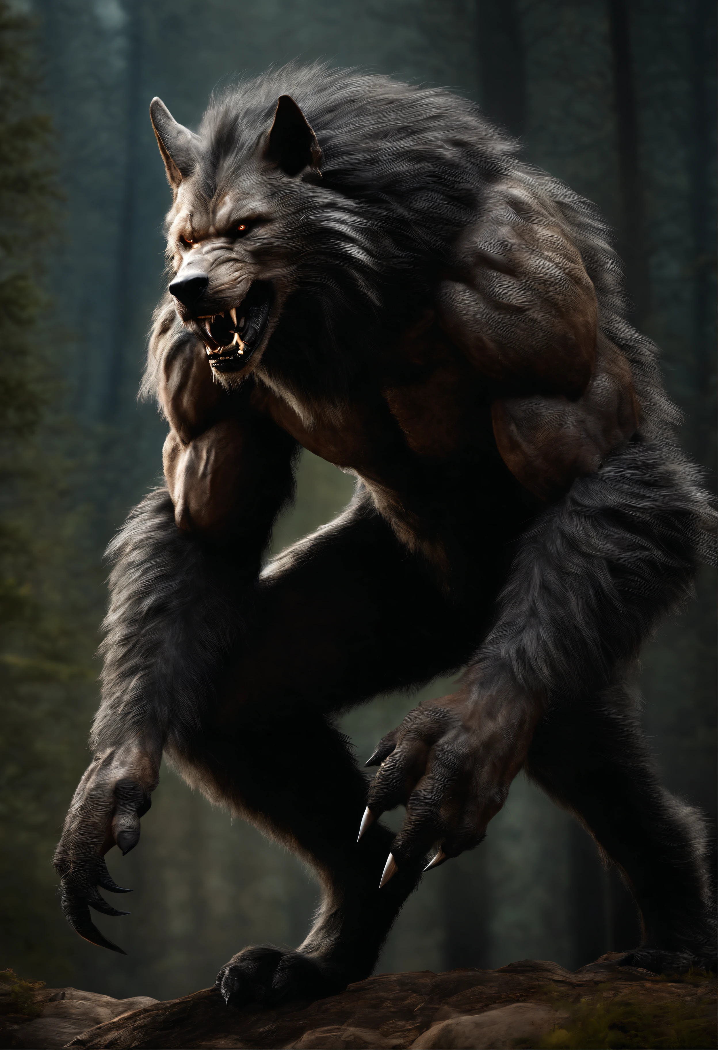 grande lobisomem peludo , Realista, high resolution, Quality Appearance, garras, threatening, brutal, selvagem ,not intelligent, poderoso, sem colar,