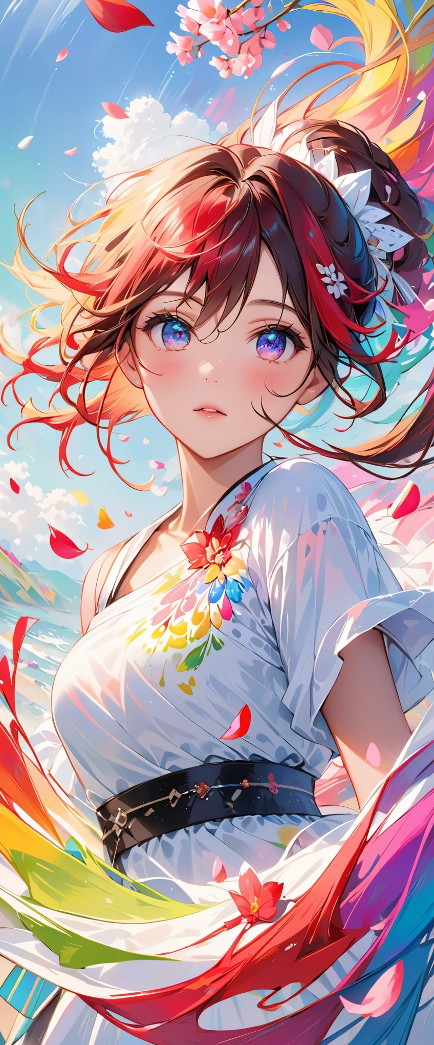 (Pink Fashion T-shirt:1.9),(Colorful hair: 1.8), (all the colours of the rainbow: 1.8),(((((vertical painting:1.6))), (painting:1.6),front, comics, illustrations, paintings, large eyes, crystal clear eyes,( rainbow color gradient high ponytail:1.7), exquisite makeup, closed mouth,(Small Fresh: 1.5),(Wipe Chest: 1.6) ,long eyelashes, white off shoulder T-shirt, White Shoulder Shirt,looking at the audience, large watery eyes, (rainbow colored hair:1.6), color splash, (solo:1.8), color splash, color explosion, thick paint style, messy lines, ((shining)),(colorful), (colorful), (colorful), colorful, Thick Paint Style, (Splash) (Color Splash), Vertical Painting, Upper Body, Paint Splash, Acrylic Pigment, Gradient, Paint, Highest Image Quality, Highest Quality, Masterpiece, Solo, Depth of Field, Face Paint, colorful clothes, (Elegant: 1.2), gorgeous,long hair, wind, (Elegant: 1.3), (Petals: 1.4),(((masterpiece))),(((best quality))),((ultra-detailed)),(illustration),(dynamic angle),((floating)),(paint),((disheveled hair)),(solo),(1girl) , (((detailed anima face))),((beautiful detailed face)),collar,bare shoulders,white hair, ((colorful hair)),((streaked hair)),beautiful detailed eyes,(Gradient color eyes),(((colorful eyes))),(((colorful background))),(((high saturation))),(((surrounded by colorful splashes))),