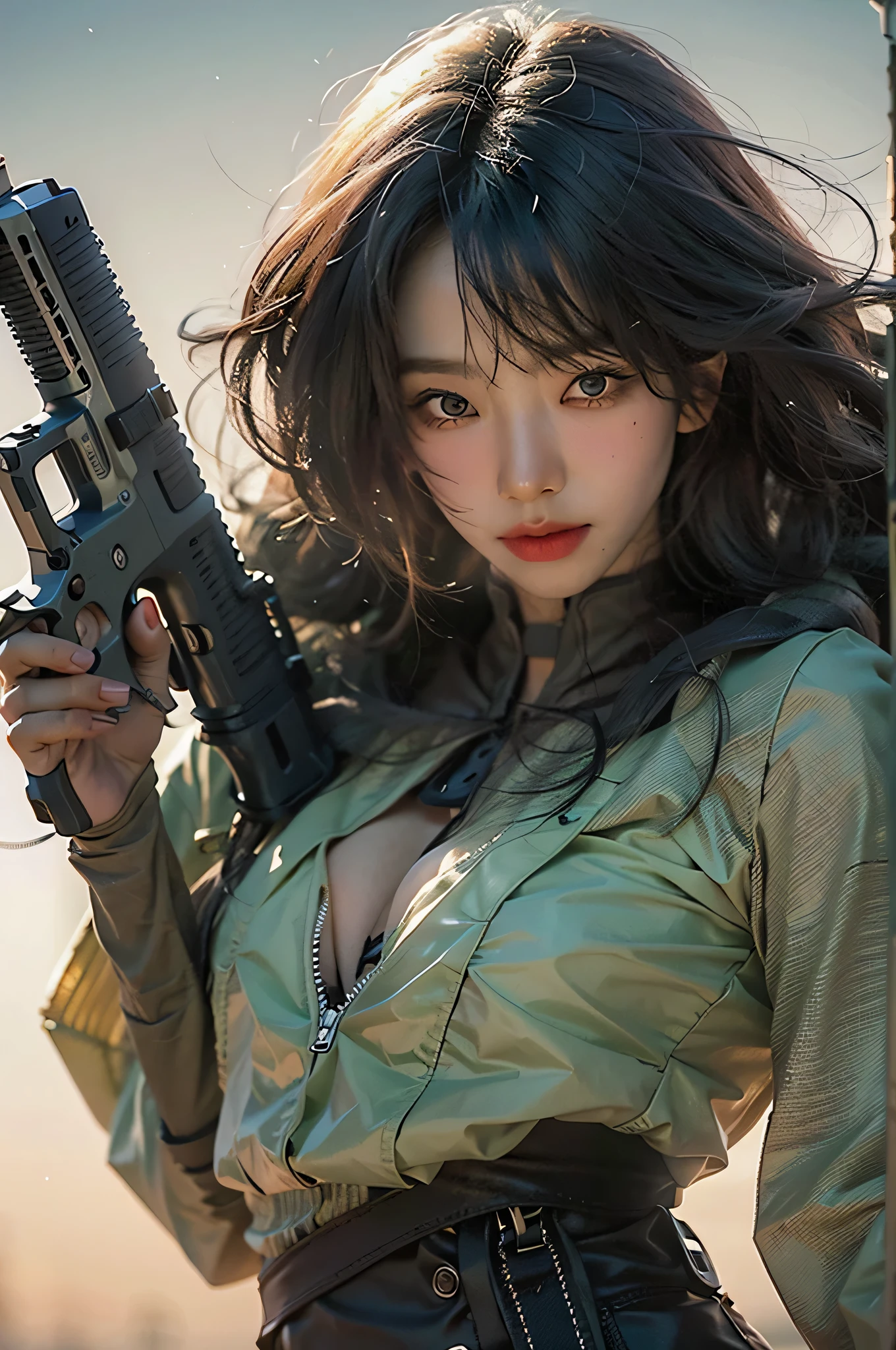(highest image quality), (masterpiece), (vibrant, photography realistic, Realistic, Dramatic, Dark, Sharp focus, 8K), Close up Face, Highly detailed face and skin texture, in dessert, ethereal beauty, mature asian woman,black long hair, make up, sexy smile, nsfw ,Close up shot, ((backlight)), holding the gun, secret agent, dinamic pose, realistic, shooting pose, dust dessert
