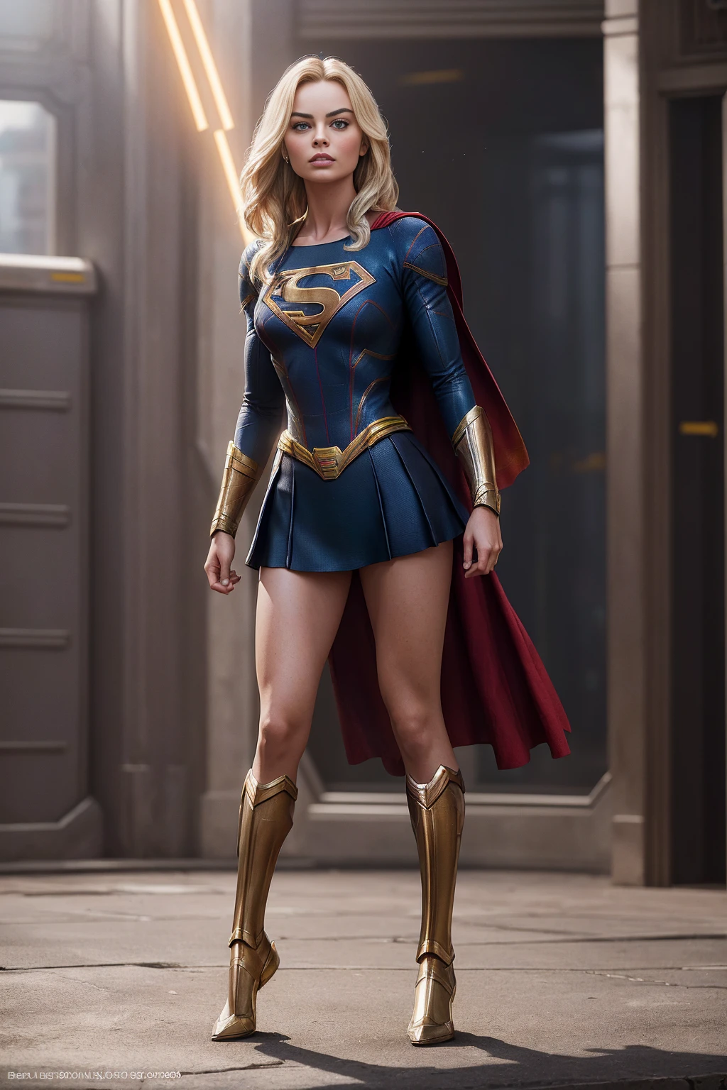 ((Full body photo,standing, feet on the ground)),  a photo of a beautiful S032_margot robbie, as (supergirl:1.1), in (Metropolis:1.2), (8k, RAW photo, best quality, ultra high resolution, photorealistic, masterpiece, ultra-detailed, Unreal Engine)