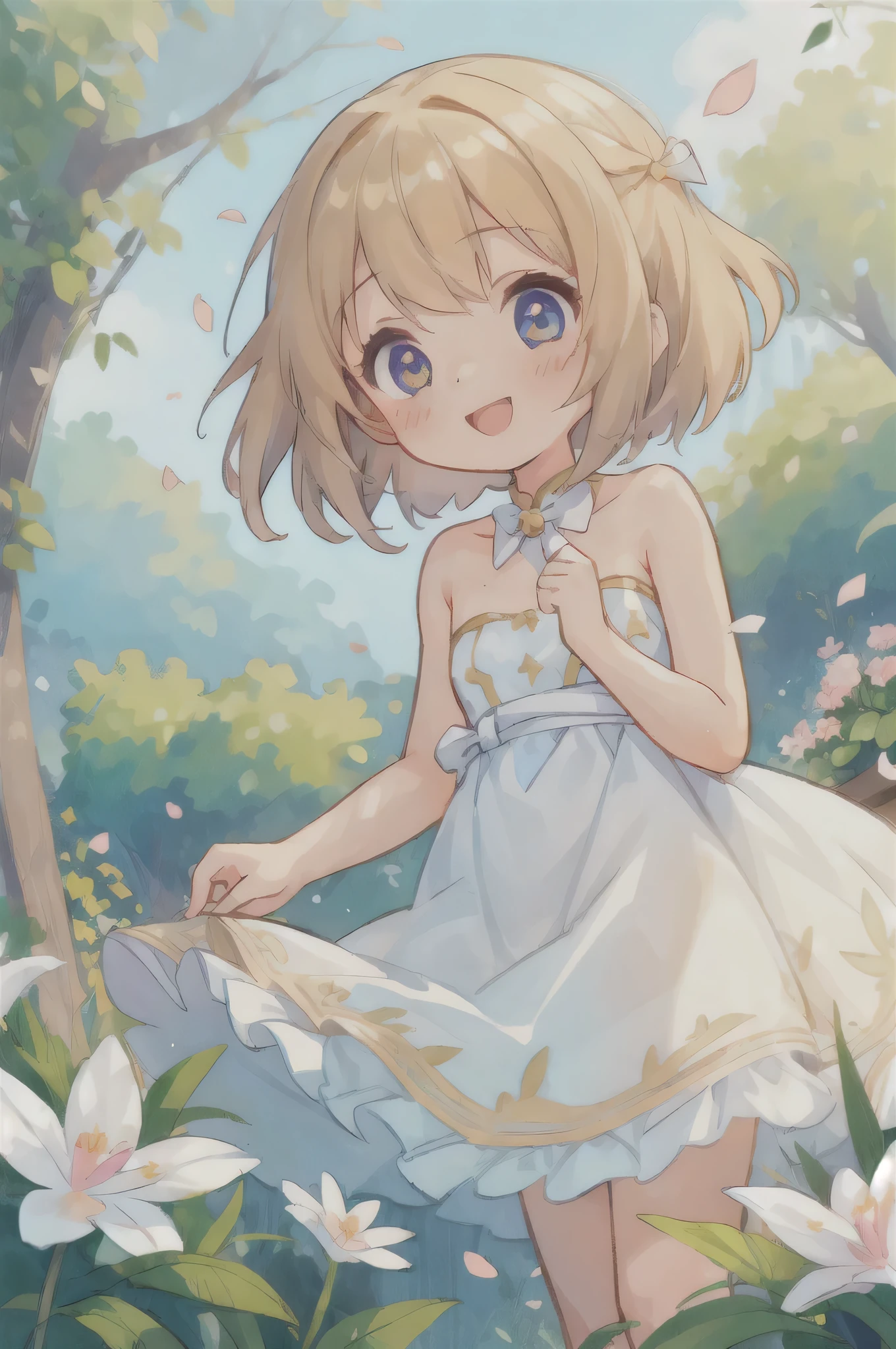 (girl: 1.5), race, ribbon, (masterpiece, ), masterpiece, shining eyes, shiny hair, , shiny skin, alone,want to protect, this smile,precious、 strapless, delicate, beautiful, garden, flowers, falling petals,