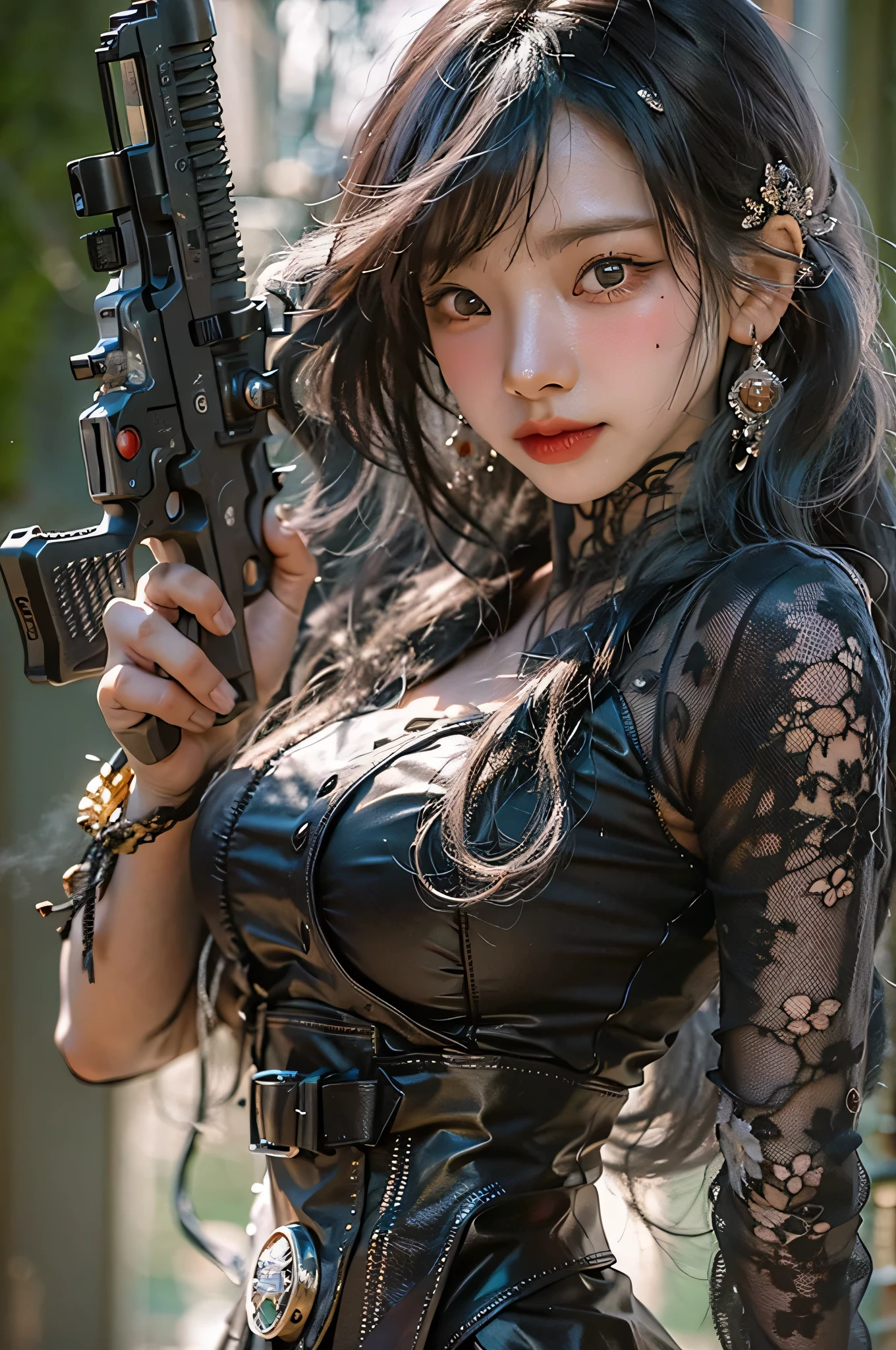 (highest image quality), (masterpiece), (vibrant, photography realistic, Realistic, Dramatic, Dark, Sharp focus, 8K), Close up Face, Highly detailed face and skin texture, in dessert, ethereal beauty, mature asian woman,black long hair, make up, sexy smile, nsfw ,Close up shot, ((backlight)), holding the gun, secret agent, dinamic pose, realistic, shooting pose, dust dessert