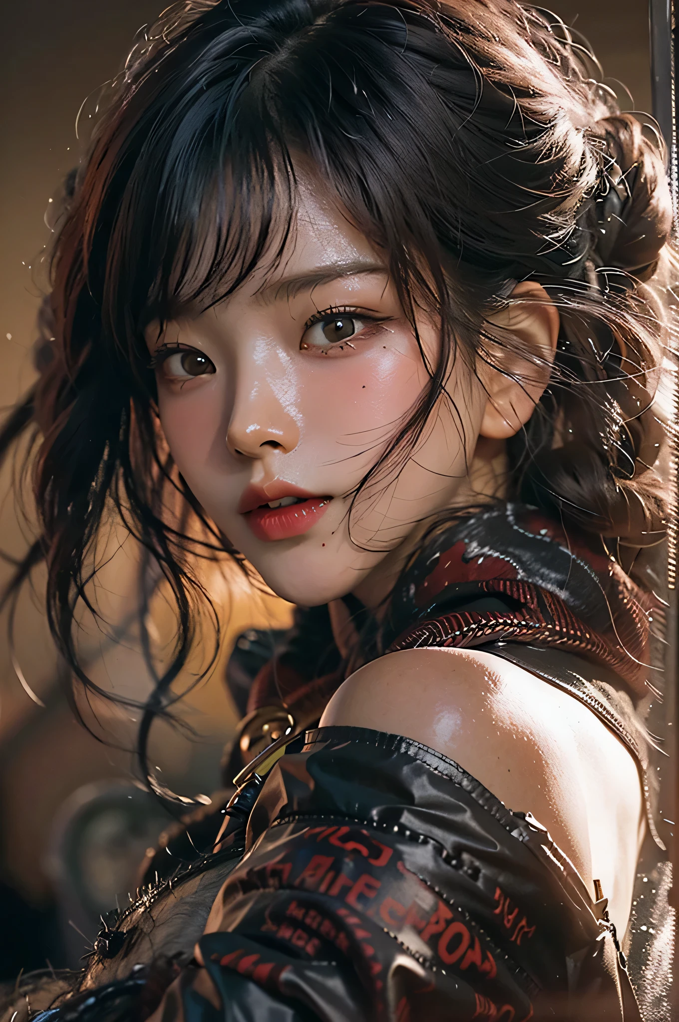 (highest image quality), (masterpiece), (vibrant, photography realistic, Realistic, Dramatic, Dark, Sharp focus, 8K), Close up Face, Highly detailed face and skin texture, in dessert, ethereal beauty, mature asian woman,black long hair, make up, sexy smile, nsfw ,Close up shot, ((backlight)), holding the gun, secret agent, dinamic pose, realistic, shooting pose, dust dessert