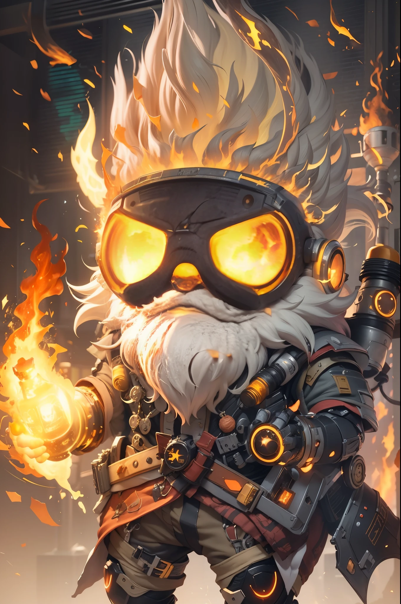 Big head,1 boy, ((White beard, A yellow-haired one))，on fire, explode, grow white beard, fiery hair, fiery的翅膀, fiery, Incendiary weapons, luminescent, male focus, molten rock, grow a beard，hot, Single robotic arm, alone, spark of light, sunglasses, Sunset, tail-tip fire, Torchbearer, upper body，chibi style,masterpiece,best quality,official art,Extremely detailed CG unified 8k wallpaper,mysterious style,