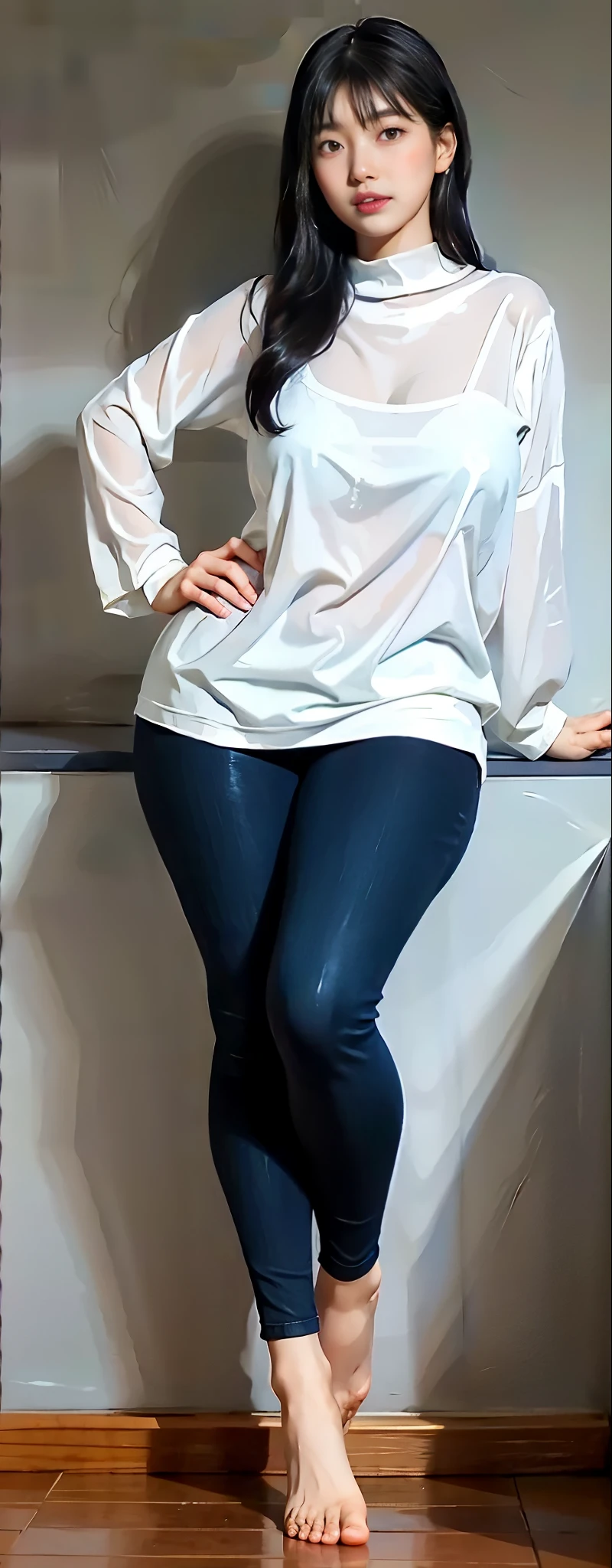 Full body shot, 1girl, asian, curvy, huge hips , thick legs
, legs spread, long wet shirt, pretty feet,  suzy1