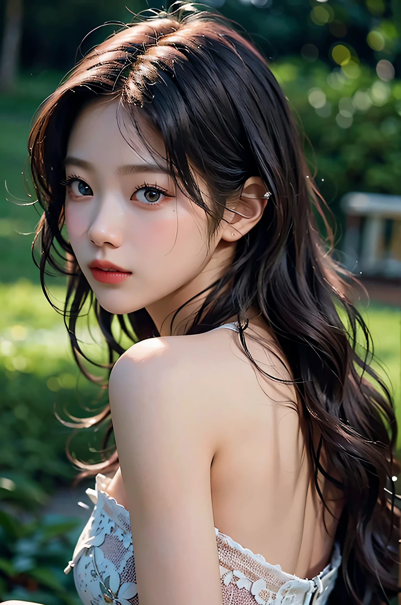 best qualtiy、masterpiece、photoRealstic、intricate-detail、Raw foto、Photon Rendering、Octane Rendering、absurderes、ultra-detailliert、A detailed face、Detailed skin、Trending in art stations、8K Masterpiece、lighting like a movie、( (1girl in))、((独奏) ))、((Behold))、CG Social Trends、Plastic En、((Black Long Hair))、((Beautuful Women))、(A smile)、show the grinps、Upper teeth、Fashionable、summer clothing、Hair that flutters in the wind、((Flowing hair))、fashion magazine、(A sexy)、((lighting like a movie))、((grass field))、((a heavy rain))、stormy、((Wet with rain))、wetted skin、wetting hair、Wet clothes、