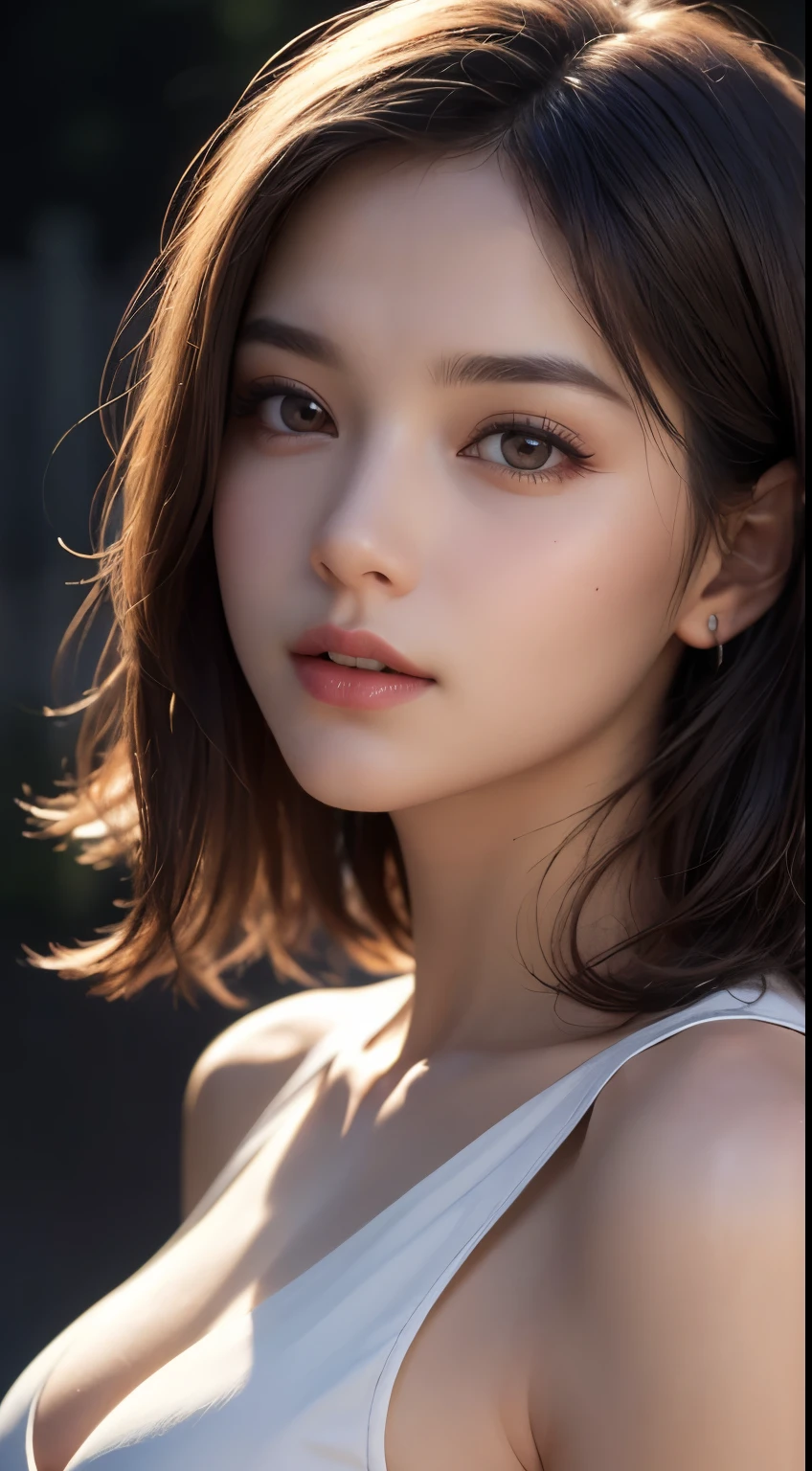 1girl, Extremely cute, amazing face and eyes, (extremely detailed beautiful face), (Ultra realistic), (highly detailed eyes, highly detailed hair, highly detailed face, highly detailed plump lips), (off shoulder), breasts, upper body, caute smile, (best quality:1.4), Raw photo, (realistic, photo-realistic:1.37), professional photography, cinematic light, Best quality, Masterpiece, (Realistic:1.2), 1 girl, Detailed face, Beautiful eyeasterpiece:1.2, Best quality), (fine detailed beautiful eyes: 1.2), (Extremely detailed Cg Unity 8K wallpaper, Masterpiece, Best quality, Ultra-detailed, Best shadow), (Detailed background), (Beautiful detailed face, Beautiful detailed eyes), High contrast, (Best illumination, An extremely delicate and beautiful),1girll,((colourful paint splashes on transparent background, Dulux,)), Dynamic Angle, beautiful detailed glow, full bodyesbian, Cowboy shot, White hair, Purple eyes, Best quality, Masterpiece, (Realistic:1.2), lotus flower, Glowing, In the night sky, Full of stars, The is very detailed, Ultra-high resolution, Ultra-high quality, (photograph:1.2)、(photorealistic:1.3)、(masterpiece:1.3)、(Highest image quality:1.4)、ultra high resolution、(detailed eyes)、(detailed facial features)、(Detailed garment features)、8K resolution、solo focus、30 year old mature woman、small face、no makeup、Detailed beautiful eyes、bangs、dark brown hair、short cut hair、(realistic skin)、beautiful skin、charming、ultra high resolution、Super realistic、High definition、Camisa branca aberta,middlebre、small breasts、bust B cup、small breasts、cool beauty、