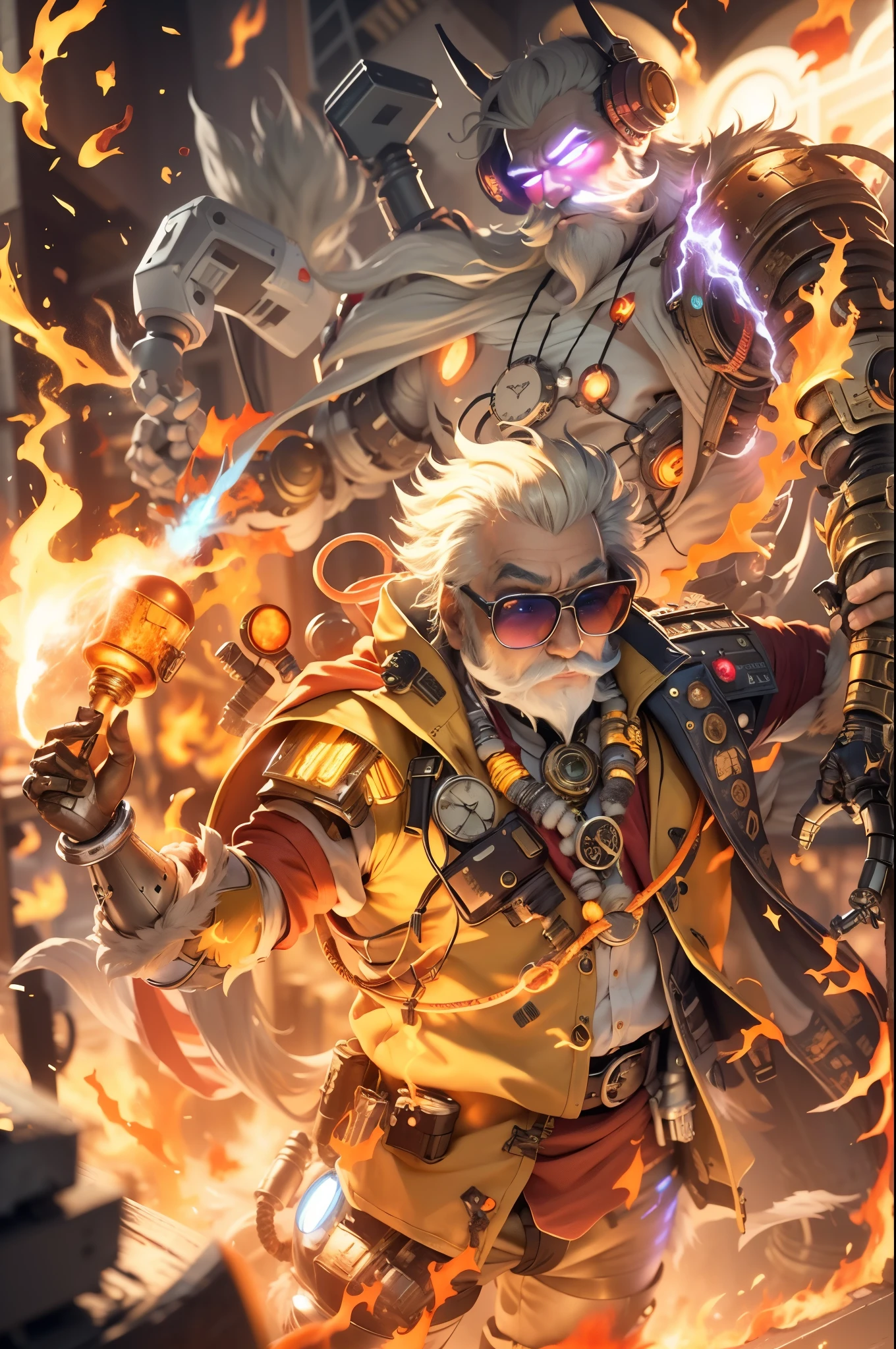 Big head,1 boy, ((White beard, A yellow-haired one))，on fire, explode, grow white beard, fiery hair, fiery的翅膀, fiery, Incendiary weapons, luminescent, male focus, molten rock, grow a beard，hot, Single robotic arm, alone, spark of light, sunglasses, Sunset, tail-tip fire, Torchbearer, upper body，chibi style,masterpiece,best quality,official art,Extremely detailed CG unified 8k wallpaper,mysterious style,