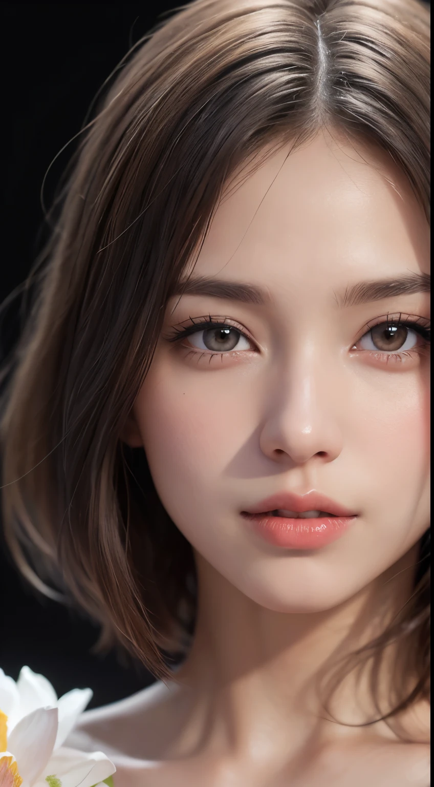 1girl, Extremely cute, amazing face and eyes, (extremely detailed beautiful face), (Ultra realistic), (highly detailed eyes, highly detailed hair, highly detailed face, highly detailed plump lips), (off shoulder), breasts, upper body, caute smile, (best quality:1.4), Raw photo, (realistic, photo-realistic:1.37), professional photography, cinematic light, Best quality, Masterpiece, (Realistic:1.2), 1 girl, Detailed face, Beautiful eyeasterpiece:1.2, Best quality), (fine detailed beautiful eyes: 1.2), (Extremely detailed Cg Unity 8K wallpaper, Masterpiece, Best quality, Ultra-detailed, Best shadow), (Detailed background), (Beautiful detailed face, Beautiful detailed eyes), High contrast, (Best illumination, An extremely delicate and beautiful),1girll,((colourful paint splashes on transparent background, Dulux,)), Dynamic Angle, beautiful detailed glow, full bodyesbian, Cowboy shot, White hair, Purple eyes, Best quality, Masterpiece, (Realistic:1.2), lotus flower, Glowing, In the night sky, Full of stars, The is very detailed, Ultra-high resolution, Ultra-high quality, (photograph:1.2)、(photorealistic:1.3)、(masterpiece:1.3)、(Highest image quality:1.4)、ultra high resolution、(detailed eyes)、(detailed facial features)、(Detailed garment features)、8K resolution、solo focus、30 year old mature woman、small face、no makeup、Detailed beautiful eyes、bangs、dark brown hair、short cut hair、(realistic skin)、beautiful skin、charming、ultra high resolution、Super realistic、High definition、Camisa branca aberta,middlebre、small breasts、bust B cup、small breasts、cool beauty、