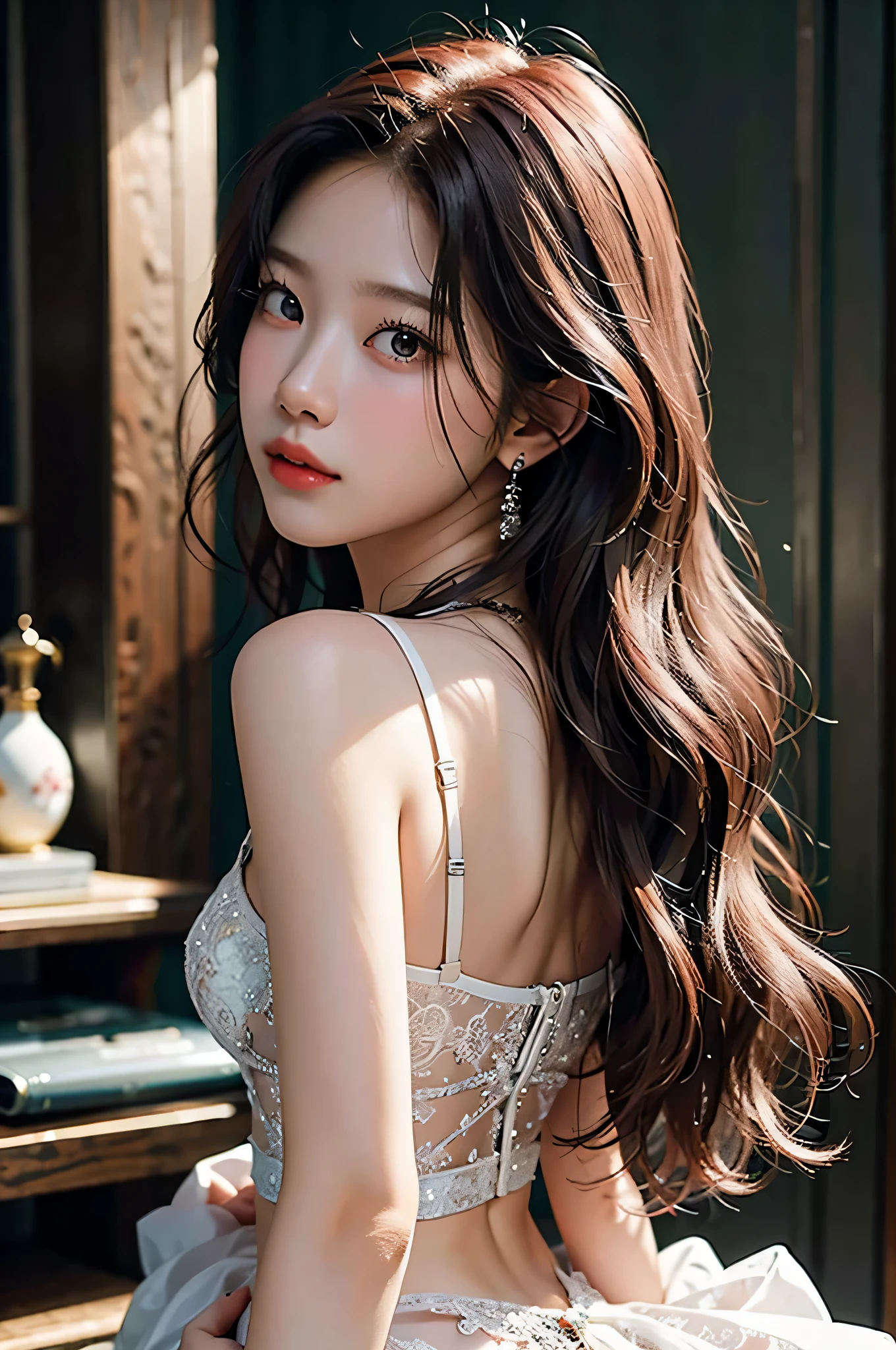 (highest image quality), (masterpiece), (vibrant, photography realistic, Realistic, Dramatic, Dark, Sharp focus, 8K), Close up Face, Highly detailed face and skin texture, sexy wedding dress, ethereal beauty, mature asian woman,black long hair, make up, sexy smile, nsfw ,Close up shot, ((backlight)), your wife