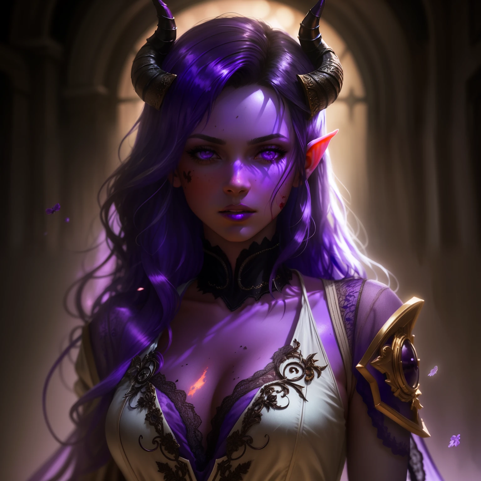 portrait, (solo:1.65), a pretty female tiefling with two big divel horns on head, red eyes, full body, (violet skin:1.8), mistery magic, vengeance, haevy gaze, atmosphere, hell background fantasy style, hyper realism, artstation,, (dark shot:1.17), epic realistic, faded, ((neutral colors)), art, (hdr:1.5), (muted colors:1.2), hyperdetailed, (artstation:1.5), cinematic, warm lights, dramatic light, (intricate details:1.1), complex background, (rutkowski:0.8), (teal and orange:0.4)
