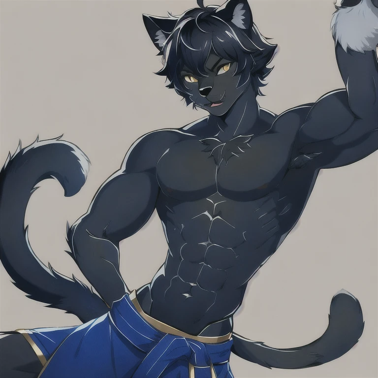 ((best quality)), ((masterpiece)), (detailed), 1boy, solo, furry, furry man, handsome, panther man, panther furry, panther boy, fighter, monk, shirtless, black fur, blue hakama, black hair, short hair, shaggy black hair, black furry ears, black panther ears, black cat ears, black cat nose, gold eyes, yellow eyes, black fur, body fur, toned, toned body, abs, slender, blue dhoti, blue hakama, plantigrade, cocky, six pack, black body, black fur body, all black body, black abs, black pectorals, catfolk, cat boy, panther boy, cat man, cat furry, panther furry, panther boy,