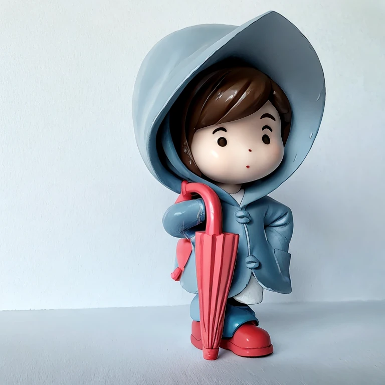 (masterpiece, best quality:1.2), 1Cartoon figure, solo,Cartoon figure, wearing a hat raincoat, blue rain shoes, red umbrella, lovely