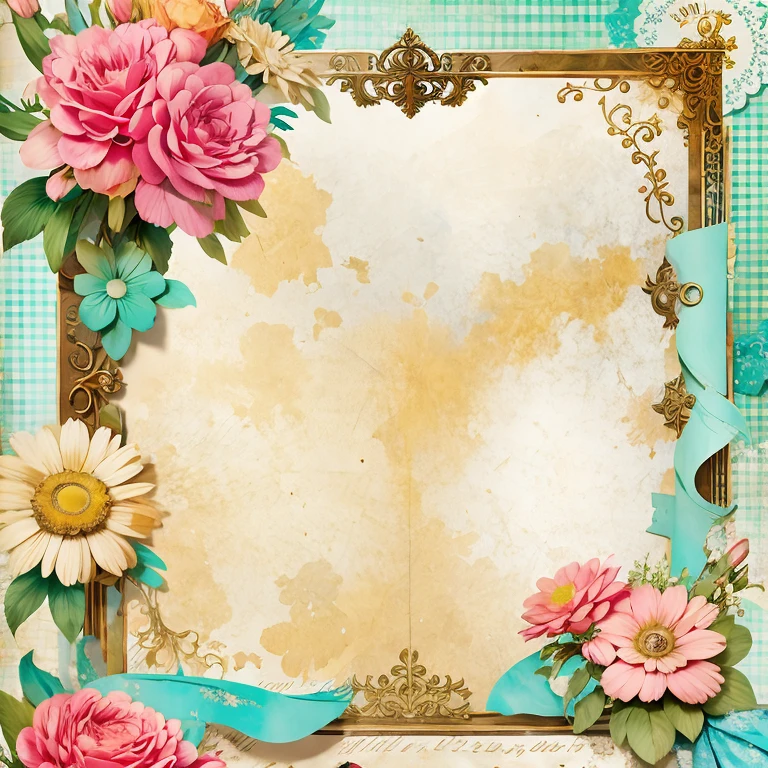 junk journal page, ephemera paper design, ornate with border page illustration, vintage Shabby Chic Gingham, vintage colors, gingham colors, blank space for writing on center side