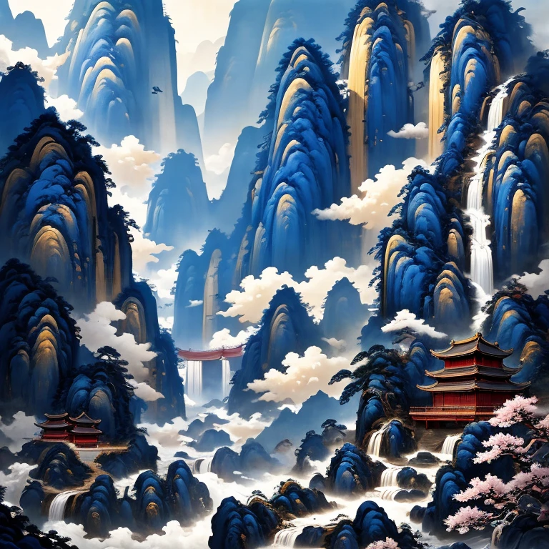 (masterpiece, best quality:1.2), guohuashanshui,Masterpiece,Best Quality,CG Illustration,The ultra wide-angle lens,magnificent and breathtaking scene,epicmasterpiece,8K,The ancient Chinese-style architecture,surrounded by blooming flowers,lush green leaves,bamboo forests,flowing mountains,waterfall,small bridge,winding paths,Thesunlight shines brilliantly,(nohumans),minimalism,(Zen aesthetics:1.2),(Zen composition:1.3),Chinese landscape painting,矿物