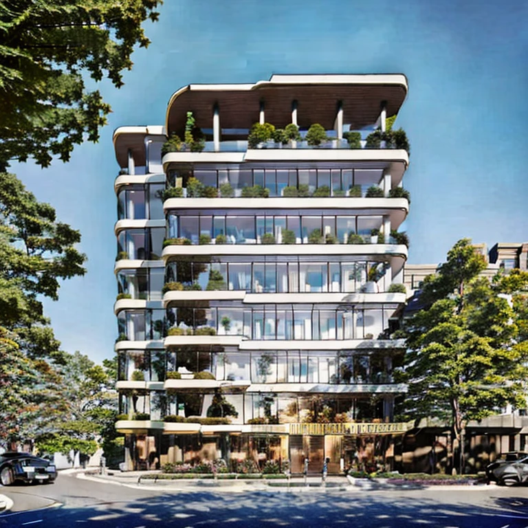 (masterpiece, best quality:1.2), rendering of a modern office building with a large sign on the top, modern lush condo as shopfront, wide angle exterior 2022, neo - classical style, photo from 2022, full building, architectural rendering, mantra rendering, precise architectural rendering, residential, full - view, realistic building, realistic architecture