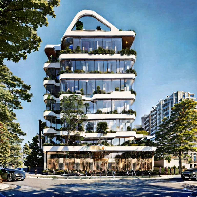 (masterpiece, best quality:1.2), rendering of a modern office building with a large sign on the top, modern lush condo as shopfront, wide angle exterior 2022, neo - classical style, photo from 2022, full building, architectural rendering, mantra rendering, precise architectural rendering, residential, full - view, realistic building, realistic architecture
