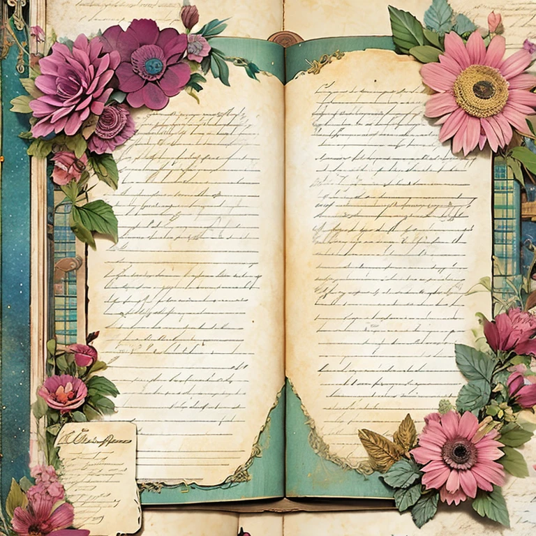 junk journal page, ephemera paper design, ornate with border page illustration, vintage book, plaid, vintage colors, muted colors, apothecary, blank space for writing on center side
