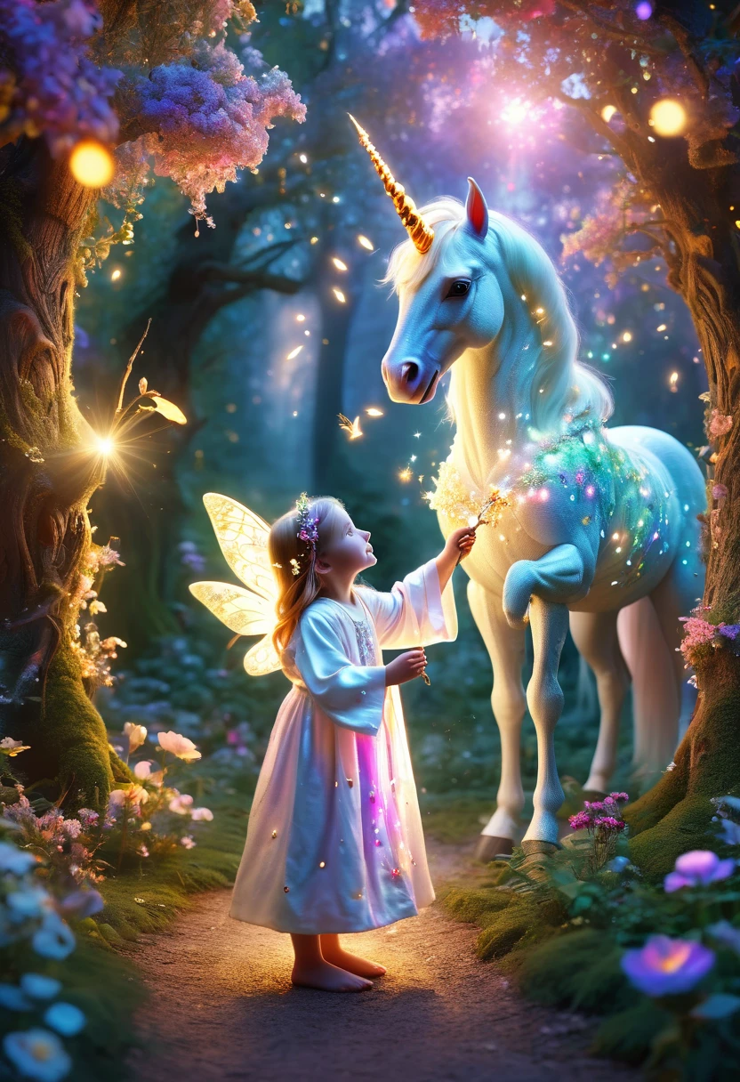 Fairy tale world, Wonderland Paradise, ((Tyndall effect)), Giant trees, golden light beam, fantasy creatures, Fairy, unicorn, Talking animals, Sweet floral aroma, sweet birdsong, dappled shadow, little girl in white robe, magic wand, colorful light spots, Far away magical country, imagination, secret, aventura