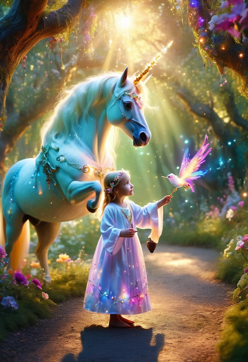 Fairy tale world, Wonderland Paradise, ((Tyndall effect)), Giant trees, golden light beam, fantasy creatures, Fairy, unicorn, Talking animals, Sweet floral aroma, sweet birdsong, dappled shadow, in white robe, magic wand, colorful light spots, Far away magical country, imagination, secret, aventura