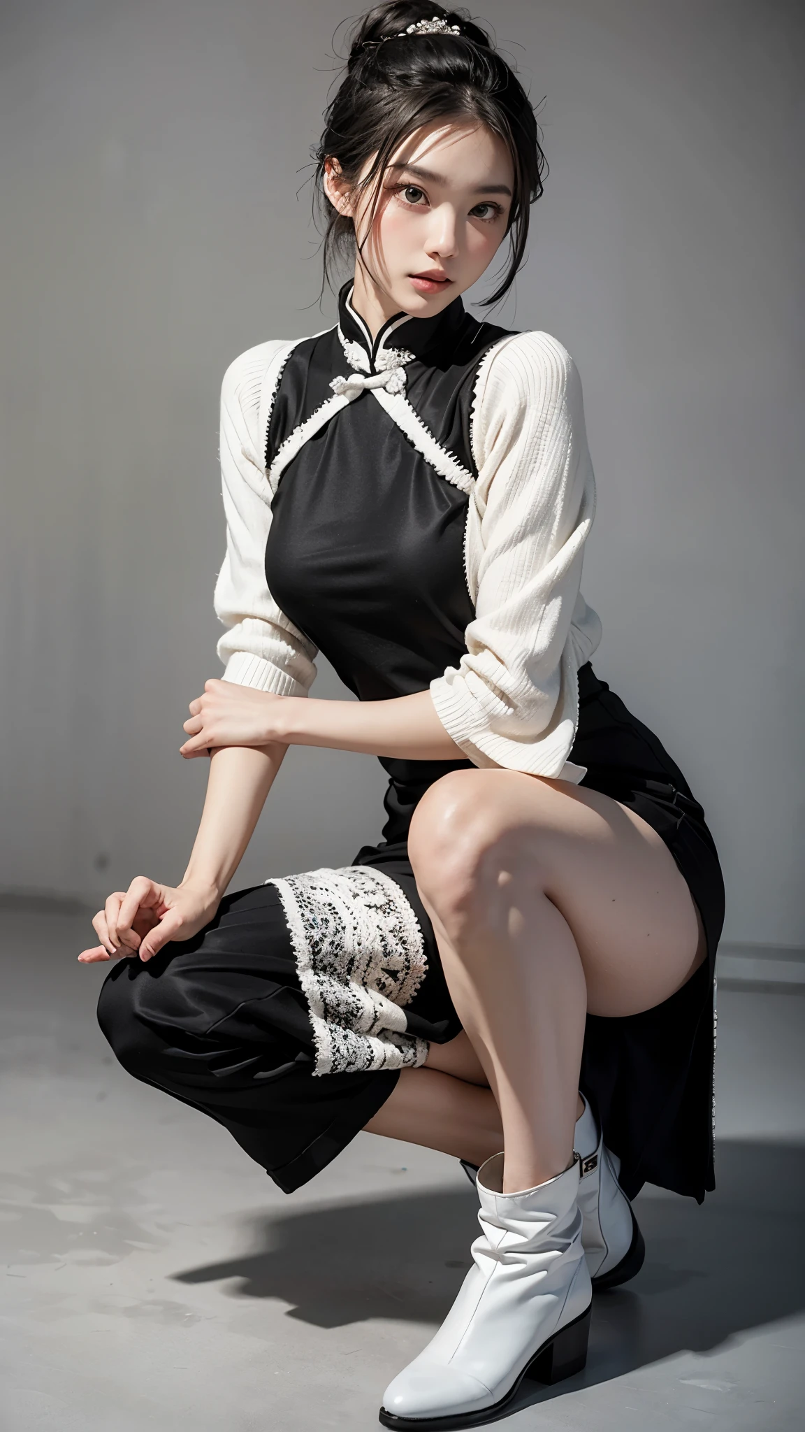 (white and black theme:1.8), (fog and mist Blurred background, Perfect and beautiful concrete background:1.4), (Inorganic and nostalgic white lighting:1.4),
////Character
1girl,
BREAK
//Fashions
Traditional Chinese Ensemble with Knitwear Twist,
Drape her in a classic qipao or cheongsam featuring intricate embroidery and delicate silk fabric, paying homage to traditional Chinese fashion,
Layer the qipao with a modern twist by adding a knitted cardigan or sweater in a complementary color or pattern, blending traditional elegance with contemporary comfort,
BREAK
Opt for a high-necked qipao with long sleeves to complement the cozy warmth of the knitwear, creating a harmonious fusion of styles,
Pair the ensemble with tailored trousers or leggings for added versatility and practicality, ensuring ease of movement while maintaining a polished look,
BREAK
Accessorize with traditional Chinese jewelry such as jade bangles or intricate hair ornaments, adding a touch of cultural authenticity to the ensemble,
Complete the look with sleek ankle boots or flats, balancing the traditional and modern elements of the outfit effortlessly,
BREAK
