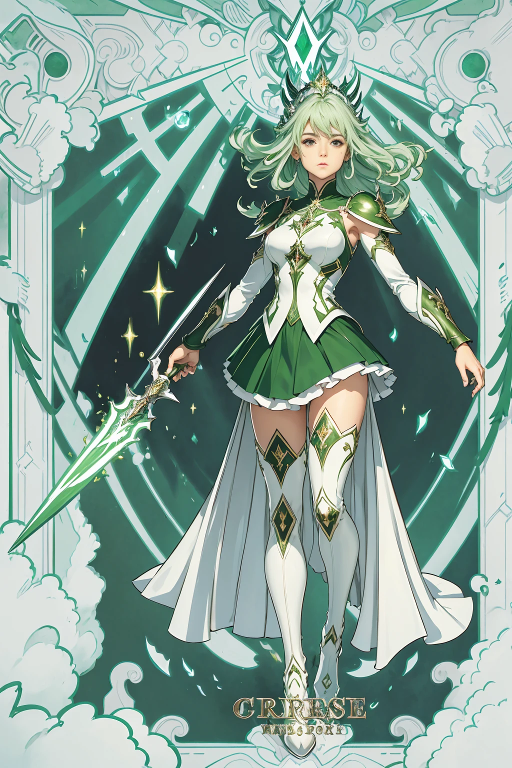 ((Full body photo,standing, feet on the ground)),  Powerful magical girl, cabelos verdes, white spear in hands, roupas verde e vermelhas brilhantes, botas brancas e verdes