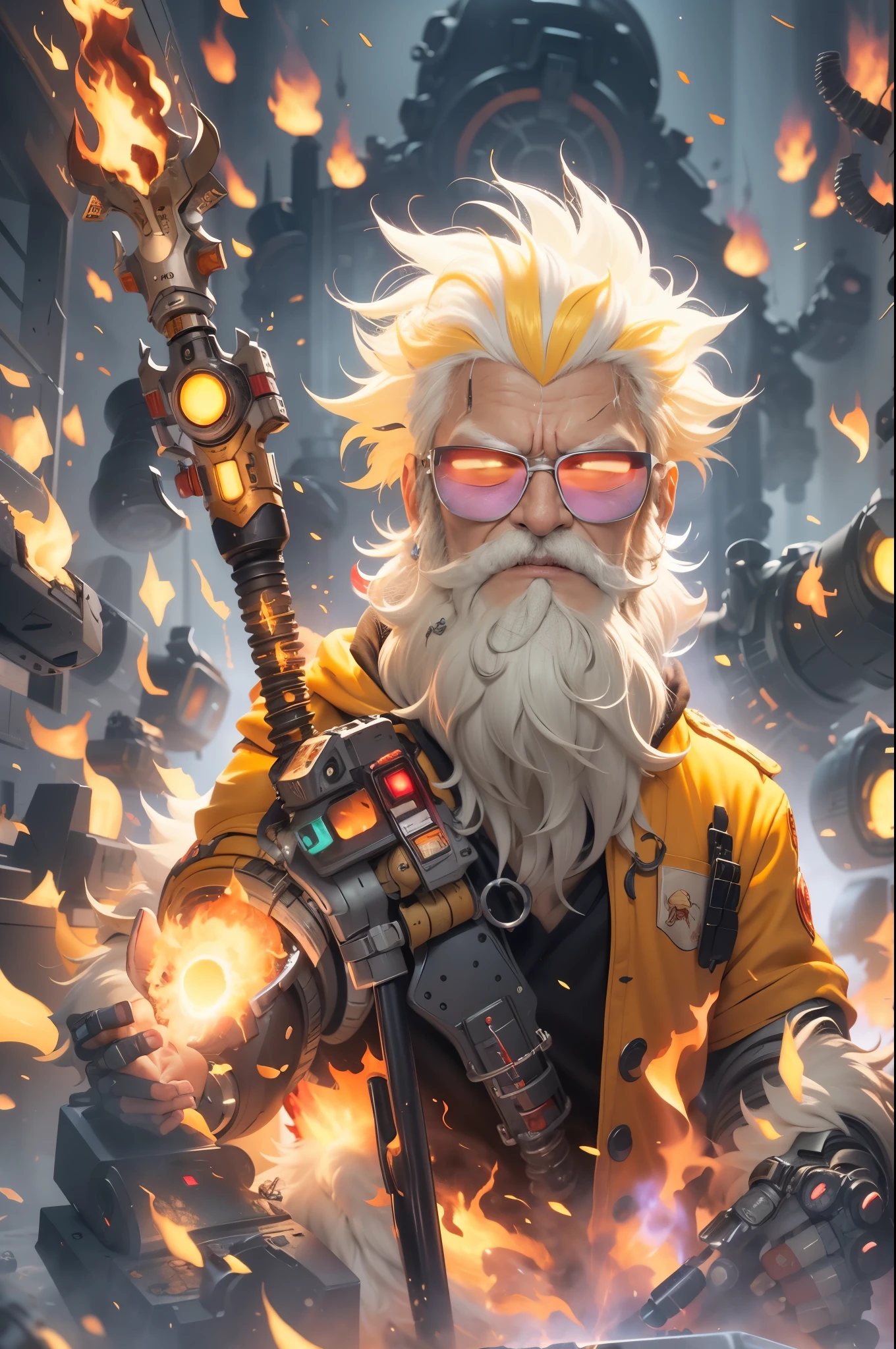 Big head,1 boy, ((White beard, A yellow-haired one))，on fire, explode, grow white beard, fiery hair, fiery的翅膀, fiery, Incendiary weapons, luminescent, male focus, molten rock, grow a beard，hot, Single robotic arm, alone, spark of light, sunglasses, Sunset, tail-tip fire, Torchbearer, upper body，chibi style,masterpiece,best quality,official art,Extremely detailed CG unified 8k wallpaper,mysterious style,