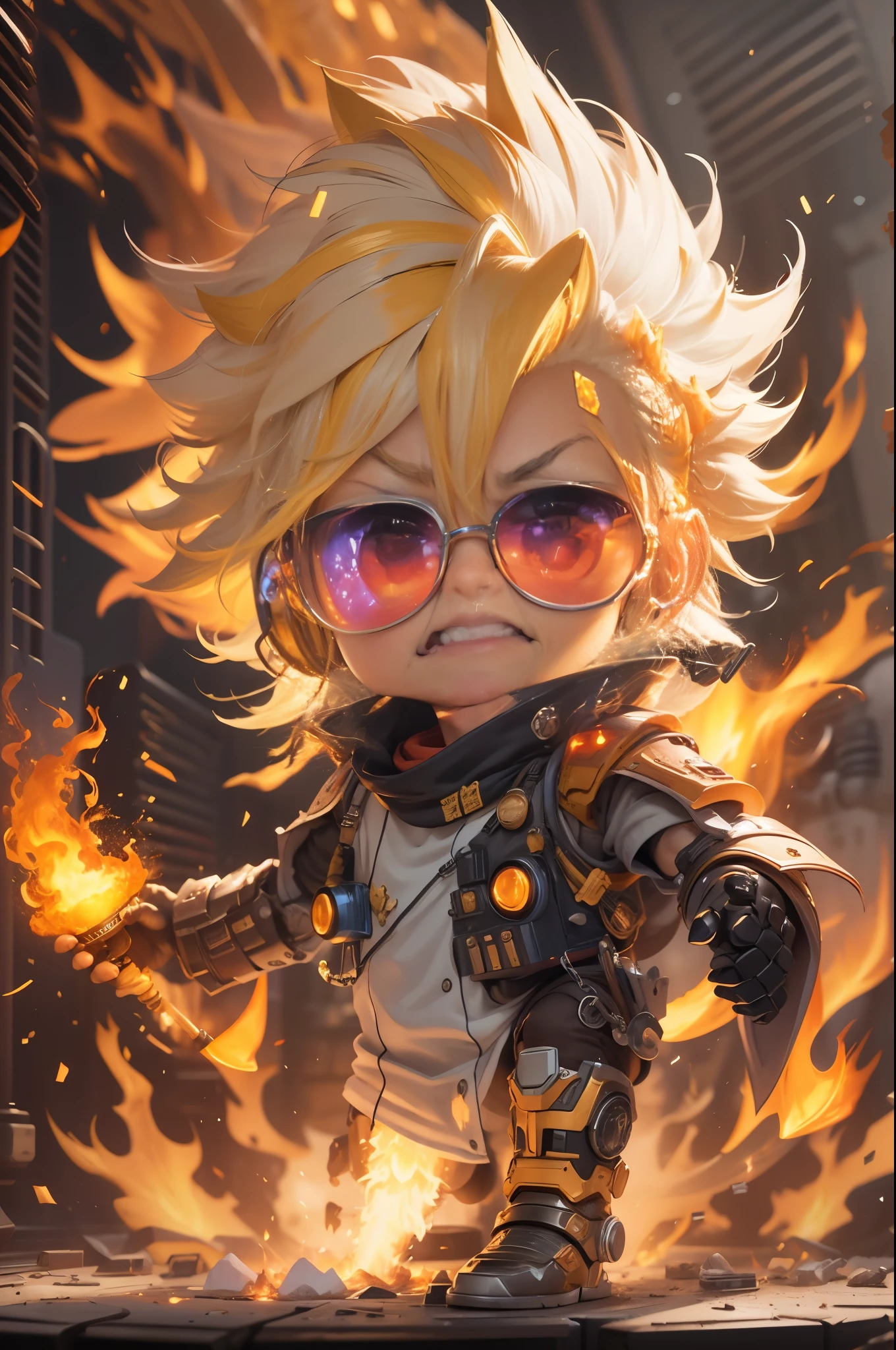 Big head,1 boy, ((White beard, A yellow-haired one))，on fire, explode, grow white beard, fiery hair, fiery的翅膀, fiery, Incendiary weapons, luminescent, male focus, molten rock, grow a beard，hot, Single robotic arm, alone, spark of light, sunglasses, Sunset, tail-tip fire, Torchbearer, upper body，chibi style,masterpiece,best quality,official art,Extremely detailed CG unified 8k wallpaper,mysterious style,