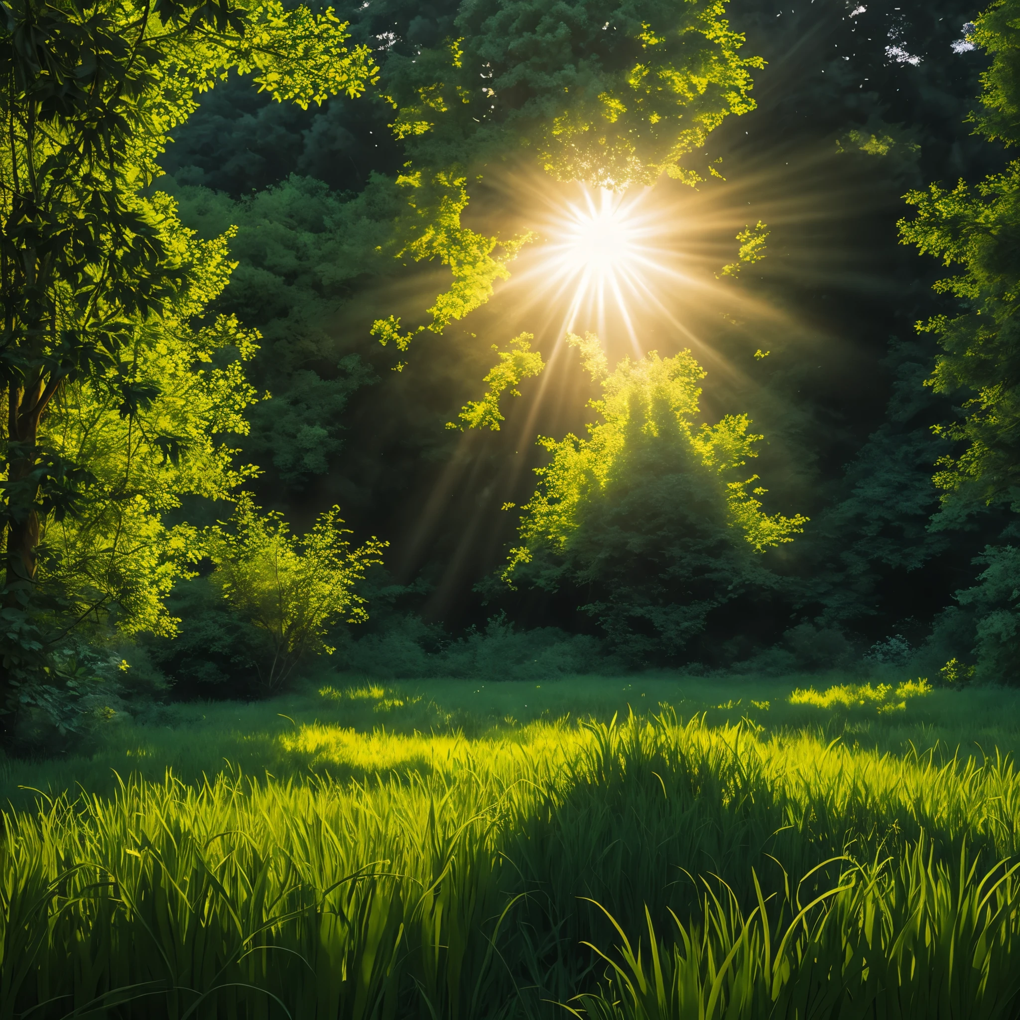 Sunlight shines through trees onto grass, Tyndall effect, lens flare, from below, chiaroscuro, ray tracing, Realism, UHD, masterpiece, high details, ccurate
