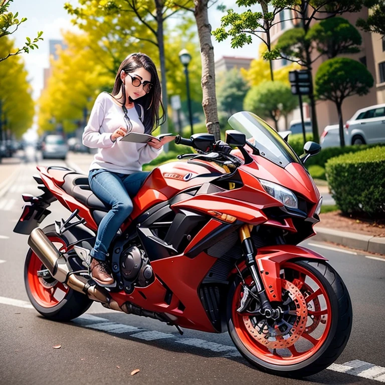 8k arafed woman sitting on a red motocicleta on a gravel road, chica pelo rubio largo, con sonrisa perfecta, camiseta blanca,sitting on a motocicleta, foto de una mujer motociclista, motocicleta, motor, 🚿🗝📝, motocicletas, riding a motocicleta, julia sarda, moto, pose rudo, 🤬 🤮 💕 🎀, in Spain, riding a moto, pose poderosa