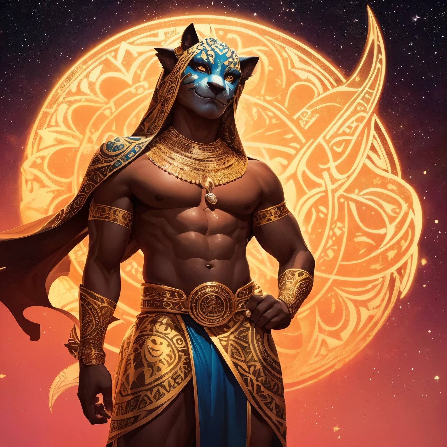 Create an image of Jamir, the Neutral deity of Knowledge, Deception, The Stars, Music, and Trickery, as a majestic jaguar humanoid figure with glowing eyes, draped in a hide of the same pattern. The image should reflect his celestial nature and mischievous personality, with a stylized jaguar paw symbol with seven stars arranged in a circular pattern. The art style should be reminiscent of D&D artist Wayne Reynolds, known for his detailed and fantastical illustrations of deities and creatures.