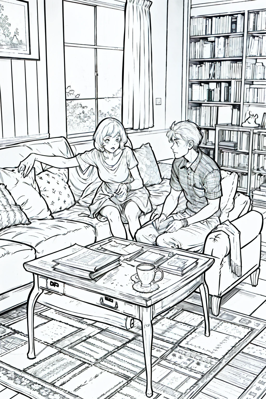Living room scene with couches, coffee table, fireplace, bookshelves. Warm lighting,line art, outline art for adult high-quality coloring page, full white, sketch style, only use outline, clean line art, fine line, with details, no shading, black and white, 3D style, simple coloring page, no fill, cartoon style, best quality, high accurancy, high contrast