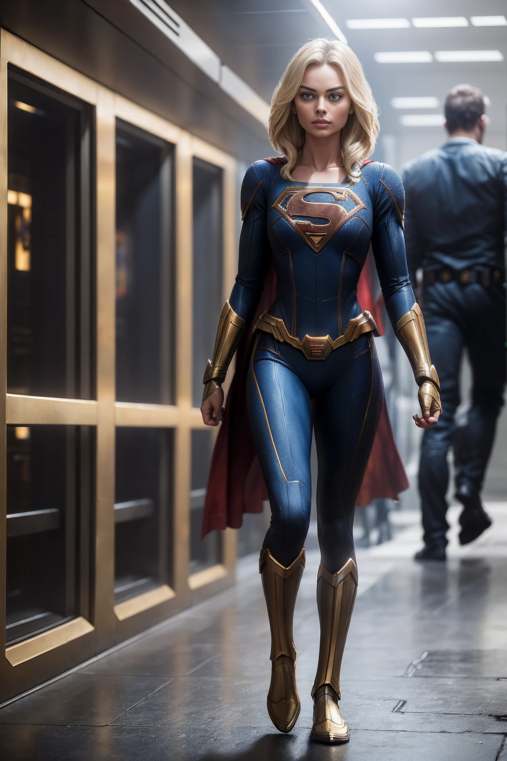 ((Full body photo,standing, feet on the ground)), a photo of a beautiful S032_margot robbie, as (supergirl:1.1), in (Metropolis:1.2), (8k, RAW photo, best quality, ultra high resolution, photorealistic, masterpiece, ultra-detailed, Unreal Engine)