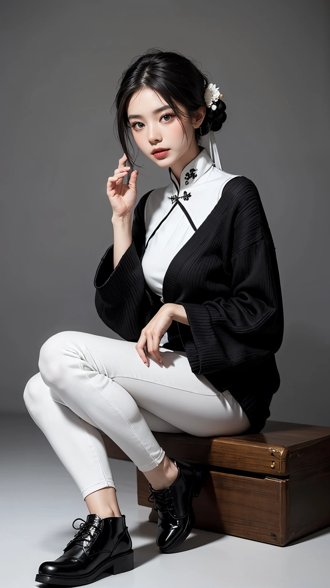 (white and black theme:1.8), (fog and mist Blurred background, Perfect and beautiful concrete background:1.4), (Inorganic and nostalgic white lighting:1.4), //Character
1girl,
BREAK
//Fashions
Traditional Chinese Ensemble with Knitwear Twist,
Drape her in a classic qipao or cheongsam featuring intricate embroidery and delicate silk fabric, paying homage to traditional Chinese fashion,
Layer the qipao with a modern twist by adding a knitted cardigan or sweater in a complementary color or pattern, blending traditional elegance with contemporary comfort,
BREAK
Opt for a high-necked qipao with long sleeves to complement the cozy warmth of the knitwear, creating a harmonious fusion of styles,
Pair the ensemble with tailored trousers or leggings for added versatility and practicality, ensuring ease of movement while maintaining a polished look,
BREAK
Accessorize with traditional Chinese jewelry such as jade bangles or intricate hair ornaments, adding a touch of cultural authenticity to the ensemble,
Complete the look with sleek ankle boots or flats, balancing the traditional and modern elements of the outfit effortlessly,
BREAK