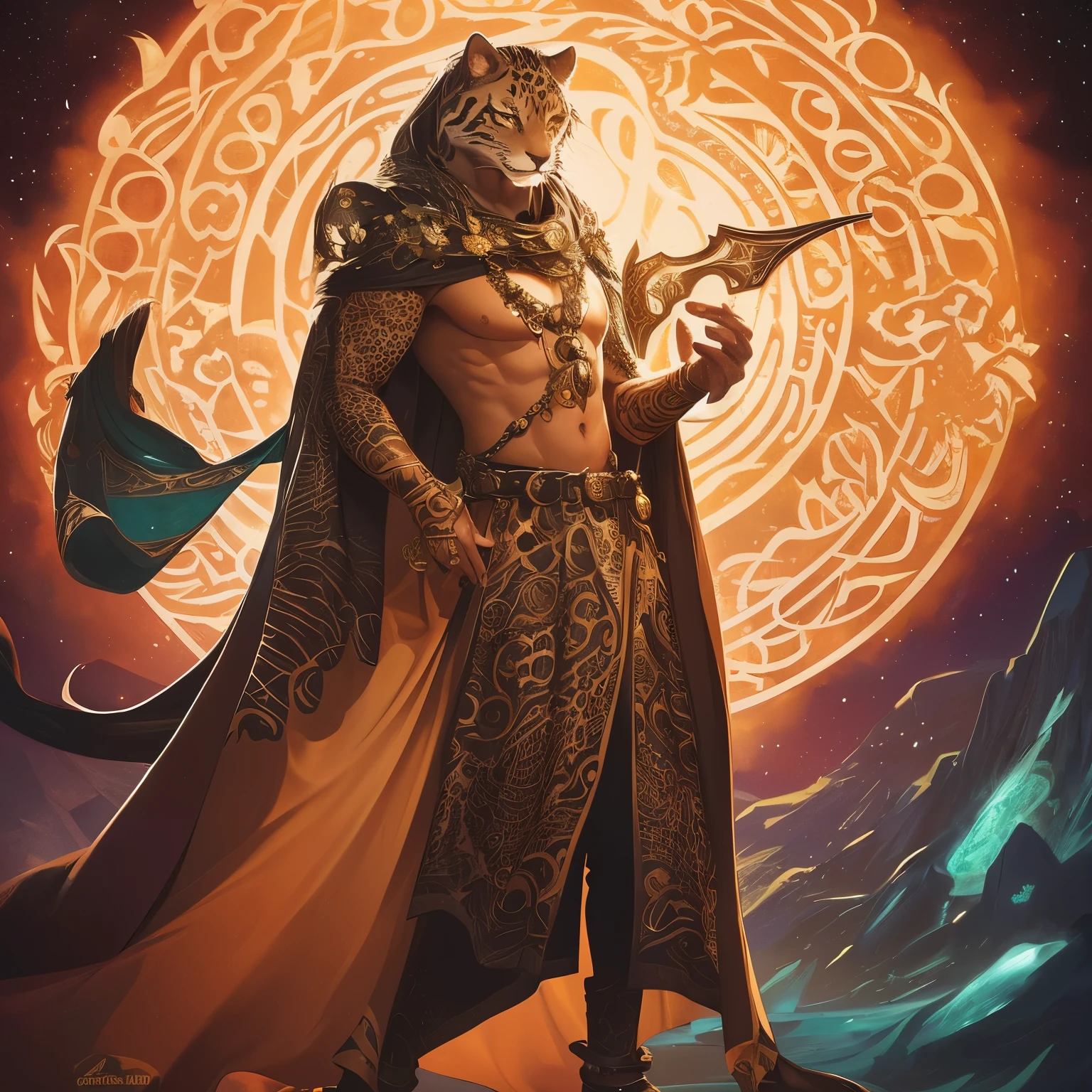 Create an image of Jamir, the Neutral deity of Knowledge, Deception, The Stars, Music, and Trickery, as a majestic jaguar humanoid figure with glowing eyes, draped in a hide of the same pattern. The image should reflect his celestial nature and mischievous personality, with a stylized jaguar paw symbol with seven stars arranged in a circular pattern. The art style should be reminiscent of D&D artist Wayne Reynolds, known for his detailed and fantastical illustrations of deities and creatures, long pants, inside jungle, adorned feathers and precious stones