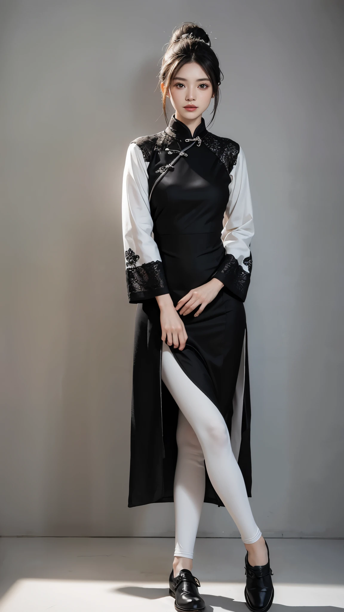 (white and black theme:1.8), (fog and mist Blurred background, Perfect and beautiful concrete background:1.4), (Inorganic and nostalgic white lighting:1.4), //Character
1girl,
BREAK
//Fashions
Traditional Chinese Ensemble with Knitwear Twist,
Drape her in a classic qipao or cheongsam featuring intricate embroidery and delicate silk fabric, paying homage to traditional Chinese fashion,
Layer the qipao with a modern twist by adding a knitted cardigan or sweater in a complementary color or pattern, blending traditional elegance with contemporary comfort,
BREAK
Opt for a high-necked qipao with long sleeves to complement the cozy warmth of the knitwear, creating a harmonious fusion of styles,
Pair the ensemble with tailored trousers or leggings for added versatility and practicality, ensuring ease of movement while maintaining a polished look,
BREAK
Accessorize with traditional Chinese jewelry such as jade bangles or intricate hair ornaments, adding a touch of cultural authenticity to the ensemble,
Complete the look with sleek ankle boots or flats, balancing the traditional and modern elements of the outfit effortlessly,
BREAK