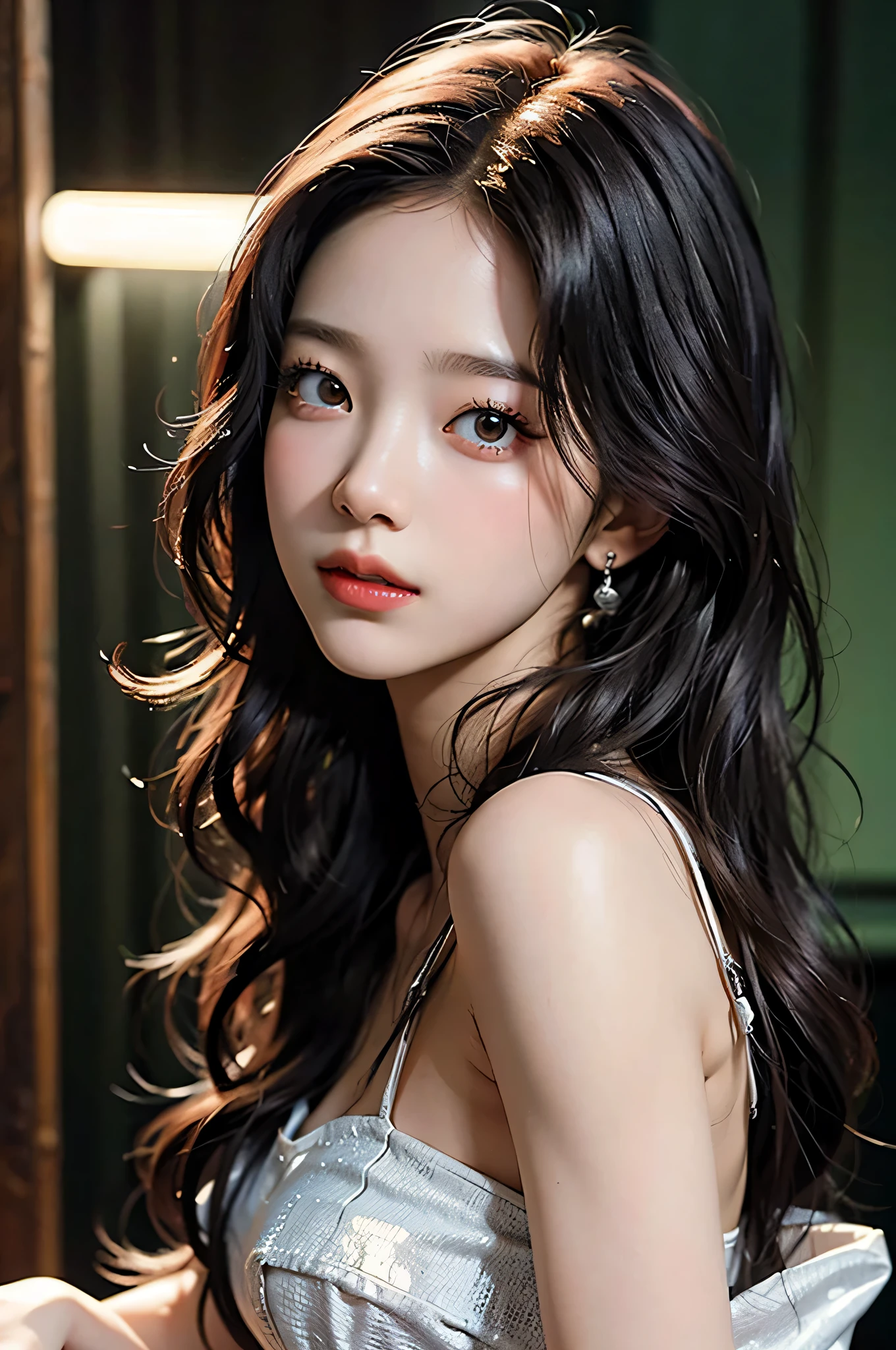 (RAW photo, best quality), ((Nostalgia,1980s syle)),(A girl with a literary atmosphere:1.2),(realistic, photo-realistic:1.3), (Huge Boobs:1.3), (long wavy hair with braids), choker,very pale skin,Ultra Detailed Face, Detailed Lips, black lipstick, Fine Eyes, double eyelids, tight goth clothes, extremely delicate and beautiful, Amazing, finely detail, masterpiece, ultra-detailed, highres,best illustration, best shadow,intricate,depth of field,(closeup portrait of a young beautiful woman:1.2),long hair,messy hair,((((low key,dark scene,dimly lit)))),(((soft lighting:1.4))),(pale skin:1.4),(shy smile),(cinematic angle),sharp focus, volumetric fog, 8k UHD, DSLR, high quality,( film grain:1.4), Fujifilm XT3,(looking at viewer), pale skin, full body shot