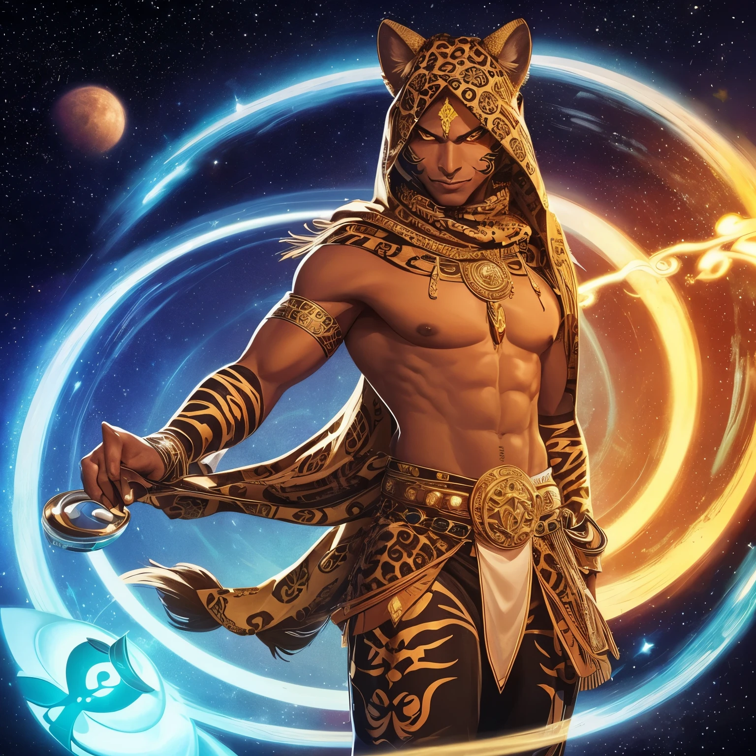 Create an image of Jamir, the Neutral deity of Knowledge, Deception, The Stars, Music, and Trickery, as a majestic jaguar humanoid figure with glowing eyes, draped in a hide of the same pattern. The image should reflect his celestial nature and mischievous personality, with a stylized jaguar paw symbol with seven stars arranged in a circular pattern. The art style should be reminiscent of D&D artist Wayne Reynolds, known for his detailed and fantastical illustrations of deities and creatures, aztec 