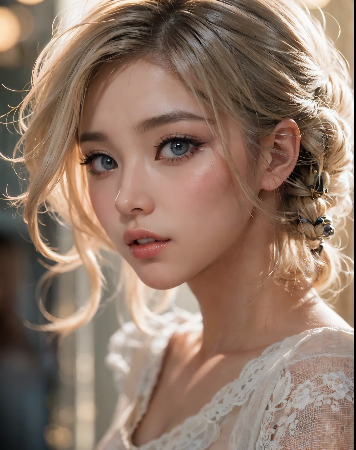 fashion model 25 years old, cute, [[[[cute]]]], [[[[closeup]]]], [[[[chest]]]], [[[[neck]]]], [[[[shoulders]]]], perfect eyes, perfect iris, perfect lips, perfect teeth, perfect skin, soft front light, glow, HDR, (muted colors:1.2), Retrato da mulher、white skin、((cabelo Castanho ondas suaves)) Best Blanco Romantico、8K resolution、Frente Illuminada、アメリカの女の子のPortrait、solo、20-year-old、beautiful face、Upper body、medium side cut、beautiful blonde、beautiful little face woman, solo,　black theme,　look at the audience,one woman, It&#39;s real, Wolfzan-6500-V1.3, anime、animeスタイル、beautiful diamond eyes、26 year old American girl、braided hair、casual dress、portrait beautiful detailed woman, very detailedな目と顔, Reality, beautiful detailed eyes, huge file size, Super detailed, High resolution, very detailed, highest quality, masterpiece, An illustration, very detailed, ticker, Unite, 8K painting wallpaper, fine, fine details, masterpiece, highest quality, Hvery detailed ticker uniform 8K wallpaper, face light movie lighting、cuteブラウス, dark background, oil, masterpiece, diffused soft film lighting, Portrait, highest quality (perfect face:1.4),stunning girl pictures,(8K and、photorealistic:1.25) 、(lip gloss、eyelashes、shiny face、shiny skin、highest quality、超High resolution、Depth of the bounds written、chromatic aberration、caustic road lighting、natural shading、sexy