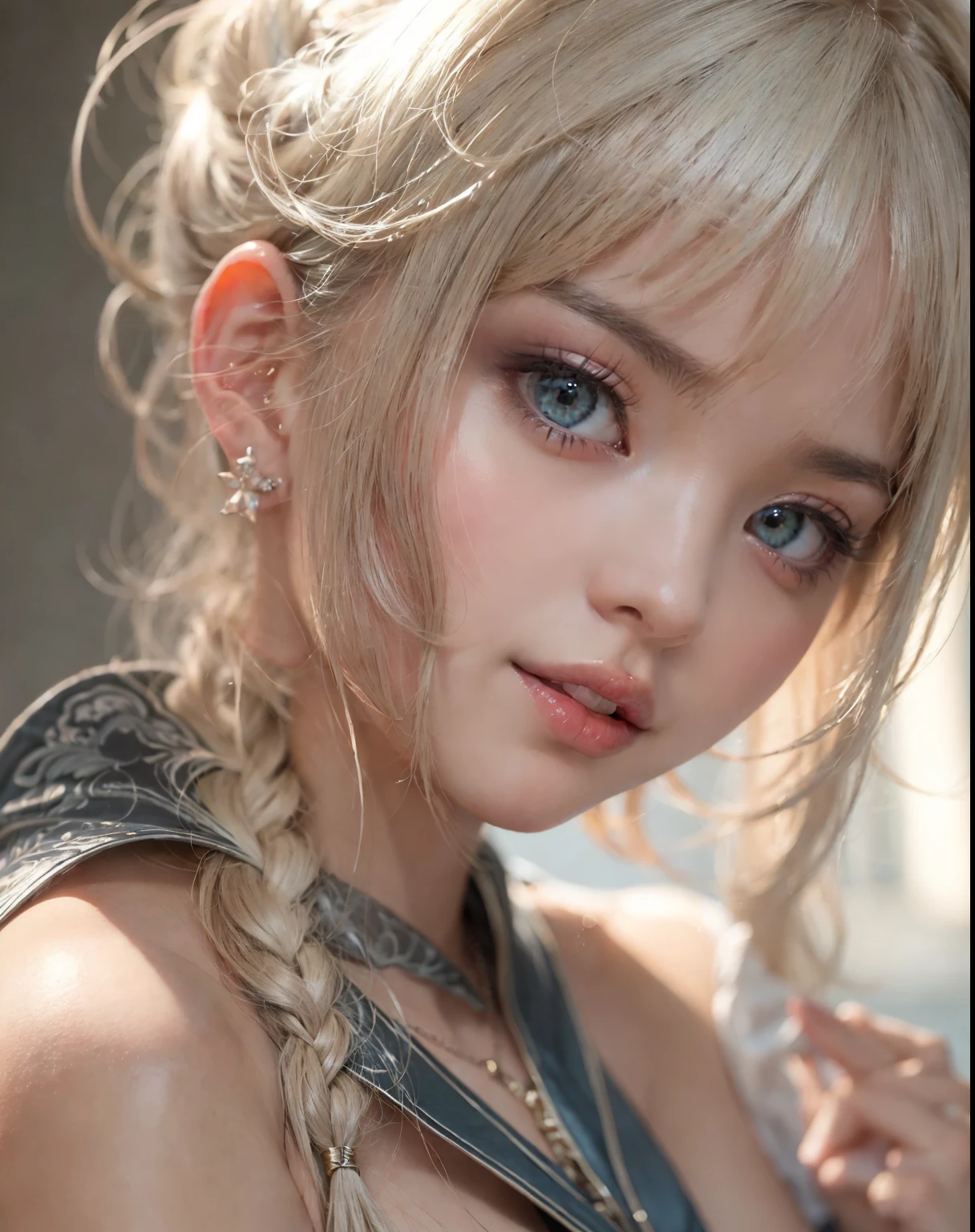 fashion model 25 years old, cute, [[[[cute]]]], [[[[closeup]]]], [[[[chest]]]], [[[[neck]]]], [[[[shoulders]]]], perfect eyes, perfect iris, perfect lips, perfect teeth, perfect skin, soft front light, glow, HDR, (muted colors:1.2), Retrato da mulher、white skin、((cabelo Castanho ondas suaves)) Best Blanco Romantico、8K resolution、Frente Illuminada、アメリカの女の子のPortrait、solo、20-year-old、beautiful face、Upper body、medium side cut、beautiful blonde、beautiful little face woman, solo,　black theme,　look at the audience,one woman, It&#39;s real, Wolfzan-6500-V1.3, anime、animeスタイル、beautiful diamond eyes、26 year old American girl、braided hair、casual dress、portrait beautiful detailed woman, very detailedな目と顔, Reality, beautiful detailed eyes, huge file size, Super detailed, High resolution, very detailed, highest quality, masterpiece, An illustration, very detailed, ticker, Unite, 8K painting wallpaper, fine, fine details, masterpiece, highest quality, Hvery detailed ticker uniform 8K wallpaper, face light movie lighting、cuteブラウス, dark background, oil, masterpiece, diffused soft film lighting, Portrait, highest quality (perfect face:1.4),stunning girl pictures,(8K and、photorealistic:1.25) 、(lip gloss、eyelashes、shiny face、shiny skin、highest quality、超High resolution、Depth of the bounds written、chromatic aberration、caustic road lighting、natural shading、sexy