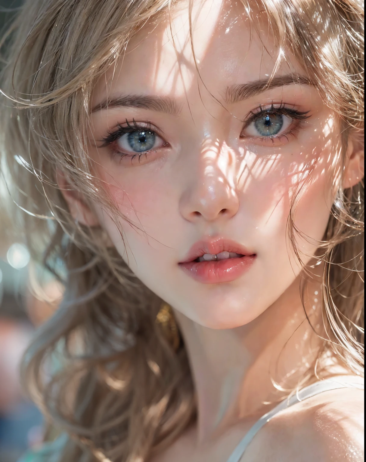 fashion model 24 years old,  cute, [[[[moist eyes]]]],  [[[[closeup]]]], [[[[chest]]]], [[[[neck]]]], [[[[shoulders]]]], perfect eyes, perfect iris, perfect lips, perfect teeth, perfect skin, soft front light, glow, HDR, (muted colors:1.2), Retrato da mulher、white skin、((cabelo Castanho ondas suaves)) Best Blanco Romantico、8K resolution、Frente Illuminada、アメリカの女の子のPortrait、solo、beautiful face、Upper body、medium side cut、beautiful blonde hair、beautiful little face woman, solo,　black theme,　look at the audience,one woman, It&#39;s real, Wolfzan-6500-V1.3, anime、animeスタイル、beautiful diamond eyes、braided hair、casual dress、portrait beautiful detailed woman, very detailedな目と顔, Reality, beautiful detailed eyes, huge file size, Super detailed, High resolution, very detailed, highest quality, masterpiece, An illustration, very detailed, ticker, Unite, 8K painting wallpaper, fine, fine details, masterpiece, highest quality, Hvery detailed ticker uniform 8K wallpaper, face light movie lighting、cuteブラウス, dark background, oil, masterpiece, diffused soft film lighting, Portrait, highest quality (perfect face:1.4),stunning girl pictures,(8K and、photorealistic:1.25) 、(lip gloss、eyelashes、shiny face、shiny skin、highest quality、超High resolution、Depth of the bounds written、chromatic aberration、caustic road lighting、natural shading、sexy
