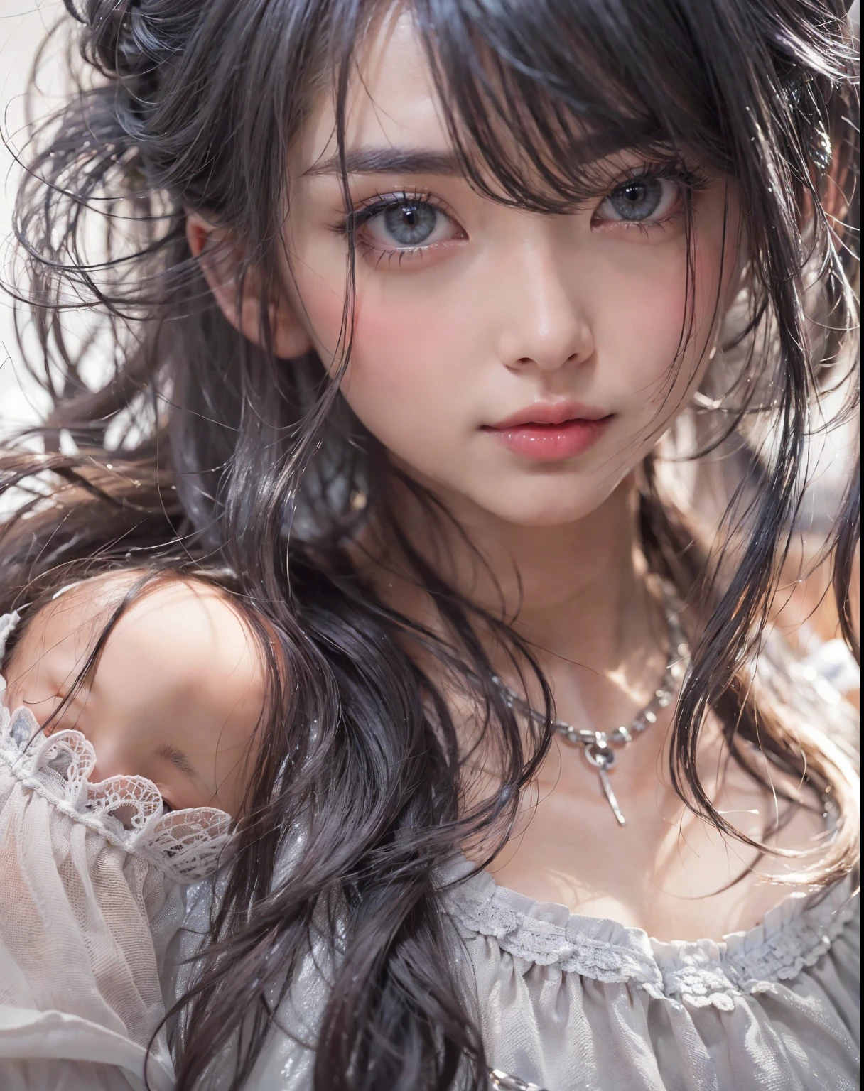 fashion model 25 years old,  cute,[[[[moist eyes]]]],  [[[[closeup]]]], [[[[chest]]]], [[[[neck]]]], [[[[shoulders]]]], perfect eyes, perfect iris, perfect lips, perfect teeth, perfect skin, soft front light, glow, HDR, (muted colors:1.2), 口を閉じたアジアの女の子のPortrait、solo、Smile、beautiful face、Upper body、medium side cut、beautiful black hair、beautiful little face woman, solo,　black theme,　look at the audience,one woman, It&#39;s real, Wolfzan-6500-V1.3, anime、animeスタイル、beautiful realistic eyes、braided hair、casual dress、portrait beautiful detailed woman, very detailedな目と顔, Reality, beautiful detailed eyes, huge file size, Super detailed, High resolution, very detailed, highest quality, masterpiece, An illustration, very detailed, ticker, Unite, 8K painting wallpaper, fine, fine details, masterpiece, highest quality, Hvery detailed ticker uniform 8K wallpaper, face light movie lighting、cuteブラウス, dark background, oil, masterpiece, diffused soft film lighting, Portrait, highest quality (perfect face:1.4),stunning girl pictures,(8K and、photorealistic:1.25) 、(lip gloss、eyelashes、shiny face、shiny skin、highest quality、超High resolution、Depth of the bounds written、chromatic aberration、caustic road lighting、natural shading、sexy