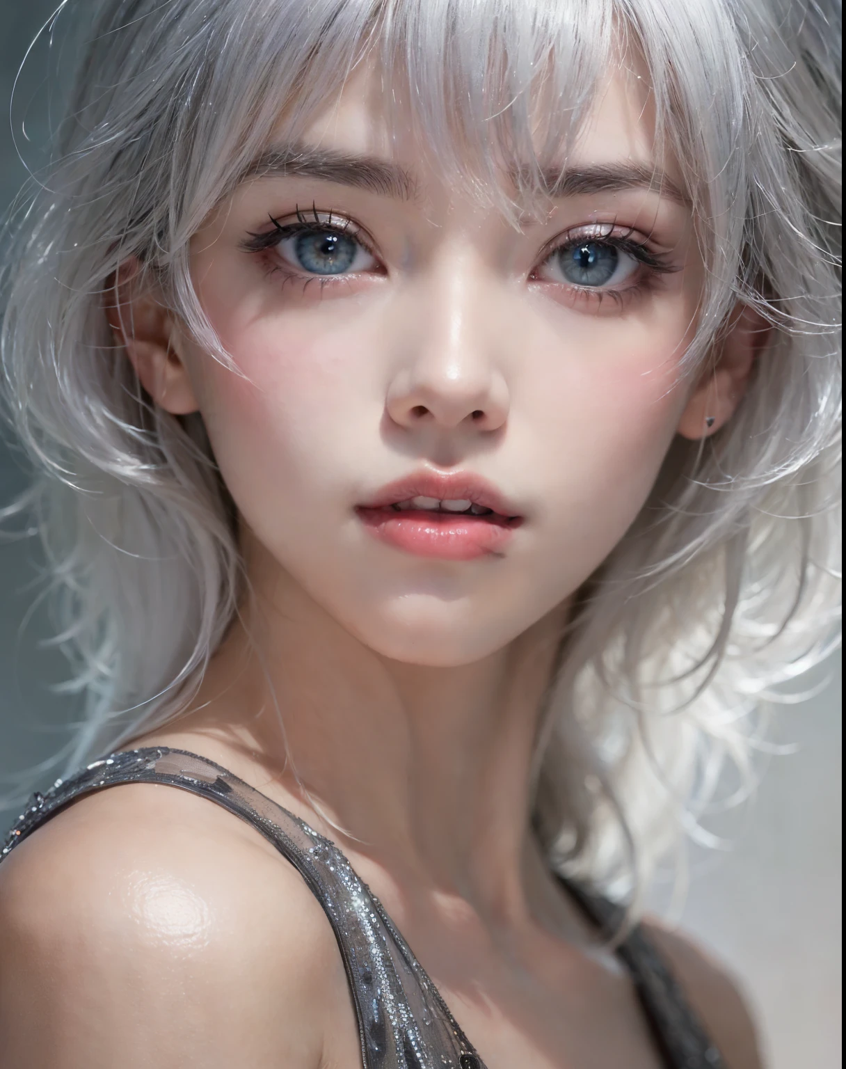 fashion model 24 years old, cute, [[[[moist eyes]]]],  [[[[closeup]]]], [[[[chest]]]], [[[[neck]]]], [[[[shoulders]]]], perfect eyes, perfect iris, perfect lips, perfect teeth, perfect skin, soft front light, glow, HDR, (muted colors:1.2), Beautiful girl from Eastern Europe with her mouth closed、astonishing beauty、solo、Smile、beautiful face、Upper body、medium side cut、Beautiful short gray hair styled、beautiful little face woman, solo,　black theme,　look at the audience,one woman, It&#39;s real, Wolfzan-6500-V1.3, anime、animeスタイル、beautiful realistic eyes、casual dress、portrait beautiful detailed woman, very detailedな目と顔, Reality, beautiful detailed eyes, huge file size, Super detailed, High resolution, very detailed, highest quality, masterpiece, An illustration, very detailed, ticker, Unite, 8K painting wallpaper, fine, fine details, masterpiece, highest quality, Hvery detailed ticker uniform 8K wallpaper, face light movie lighting、cuteブラウス, dark background, oil, masterpiece, diffused soft film lighting, Portrait, highest quality (perfect face:1.4),stunning girl pictures,(8K and、photorealistic:1.25) 、(lip gloss、eyelashes、shiny face、shiny skin、highest quality、超High resolution、Depth of the bounds written、chromatic aberration、caustic road lighting、natural shading、sexy
