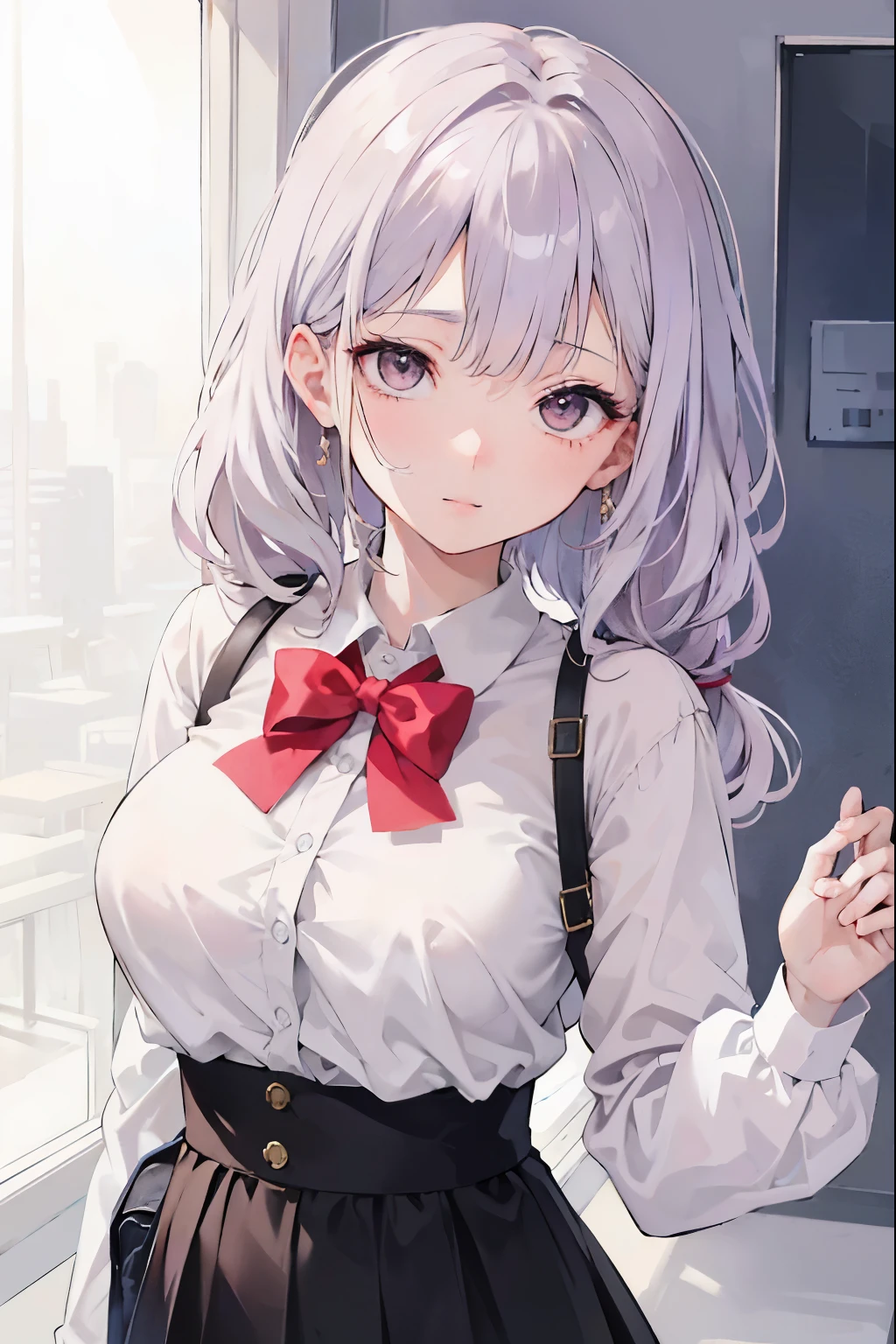 Chica anime con cabello morado, camisa blanca y bolso negro., Chica con pelo corto y blanco., anime visual de una linda chica, joven chica anime, una chica anime, chica anime atractiva, realistic joven chica anime, estilo anime, chica con pelo blanco, retrato chica anime, portrait of una chica anime, realistic anime art style, estilo anime limpio y detallado