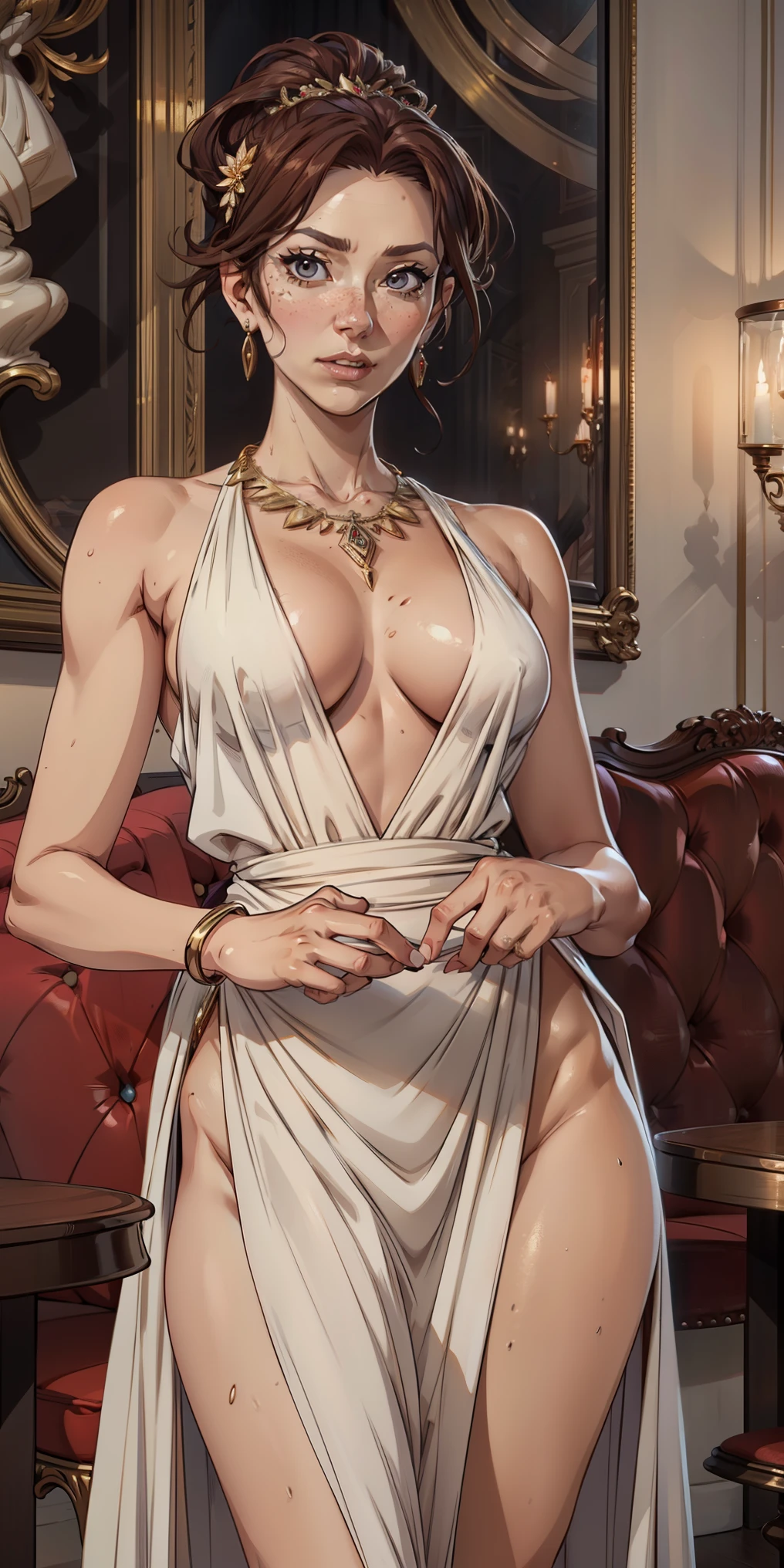 Anime style, Painting, absurderes、perfect anatomia、Lucy、wearing luxury gown , hair ornament, necklace, jewelry, restaurant scene, Masterpiece, RAW Photography, 8k, Top Quality, Fine Pore, Photorealistic, Ultra Detailed, (high skin detail:1.2),Extremely detailed,Intricate, sharp-focus, horizon