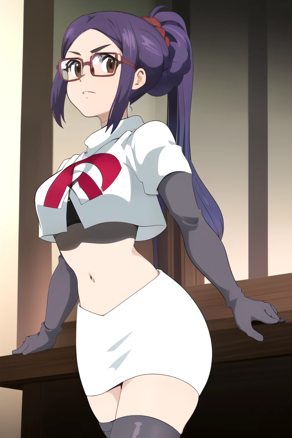 masterpiece, highres, 1girl, brown eyes,purple hair, AmiAsaiR4, glasses, portrait, (white background) , ponytail, team rocket,team rocket uniform,white skirt,red letter R,crop top,black thigh-highs,black elbow gloves