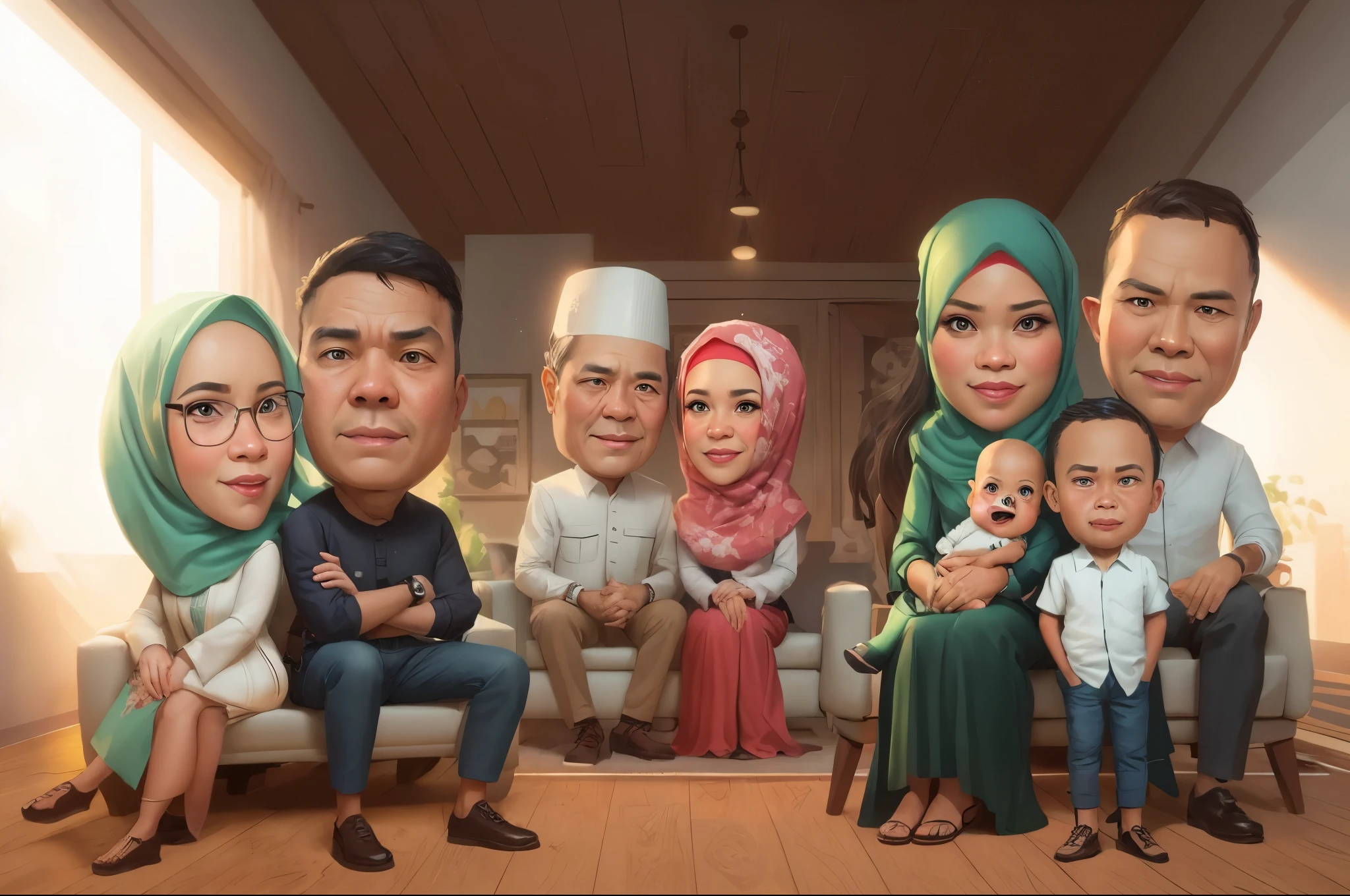 arafed family portrait of a family sitting on a couch, in cartoon style, woman hijab, caricature illustration, caricature style, realistic cartoon, cinematic lighting, caricature, potrait, an indonesian family portrait, family portrait, barong family, digital art cartoon, cartoon art, happy family, full protrait, by Abidin Dino, family, cartoon portrait, detailed cartoon, cartoon style illustration