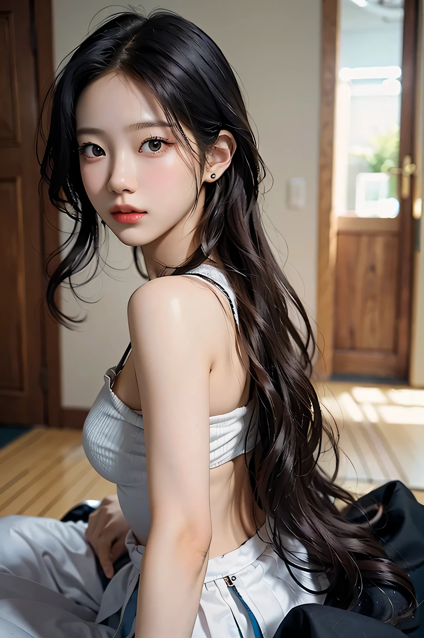 the Extremely Detailed CG Unity 8K Wallpapers、top-quality、ultra-detailliert、​masterpiece、studio shoot、Upper body portrait、posterior view、(black underwear thong), realisitic、Behind the photo、large full breasts、realisitic、Photo Real、extremely detailed cute girl、bangss、独奏、sixteen years old、Melancholy look, art studio , Brown hair, Curly Long Bob, Shaggy, out of focus、blur、full body, sexy pose