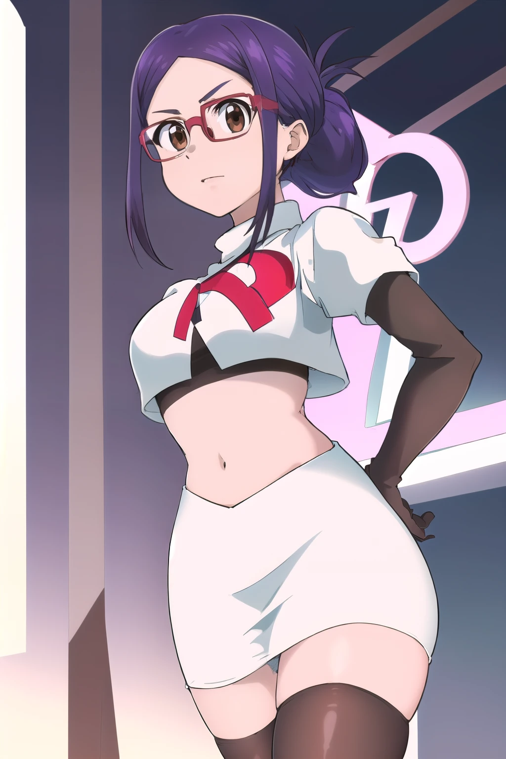 masterpiece, highres, 1girl, brown eyes,purple hair, AmiAsaiR4, glasses, portrait, (white background) , ponytail, team rocket,team rocket uniform,white skirt,red letter R,crop top,black thigh-highs,black elbow gloves